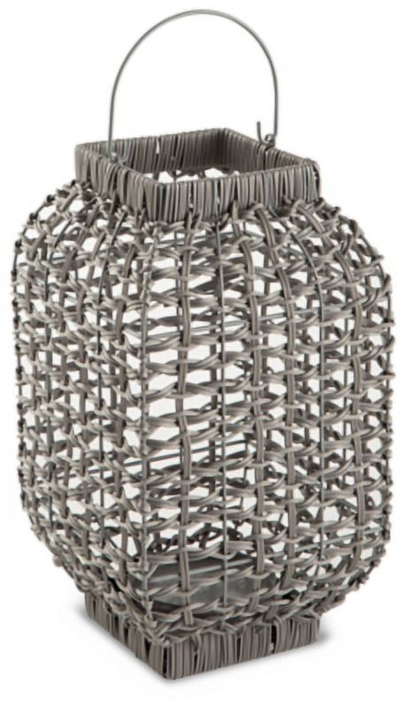 Gray Faux Rattan 14" Indoor/Outdoor Candle Lantern