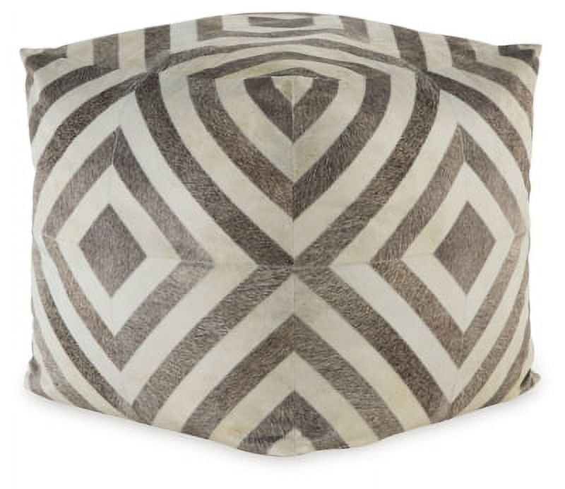 Beige and White Geometric Patterned Polyester Pouf