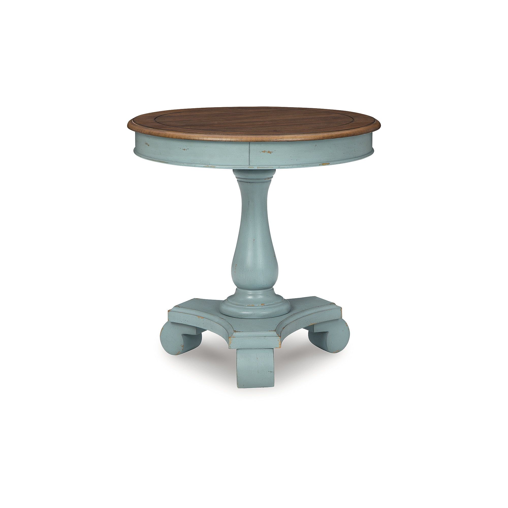 Antiqued Gray and Brown Round Wood Accent Table