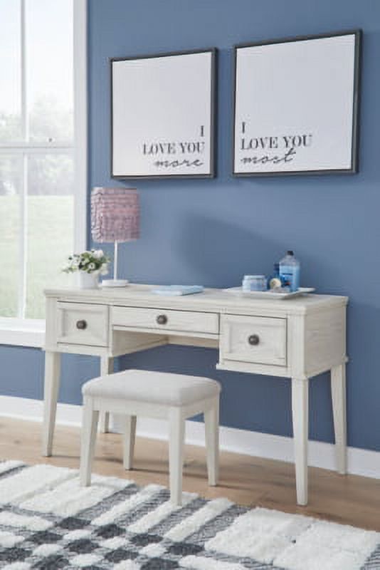 Antique White 3-Drawer Vanity with Cushioned Stool