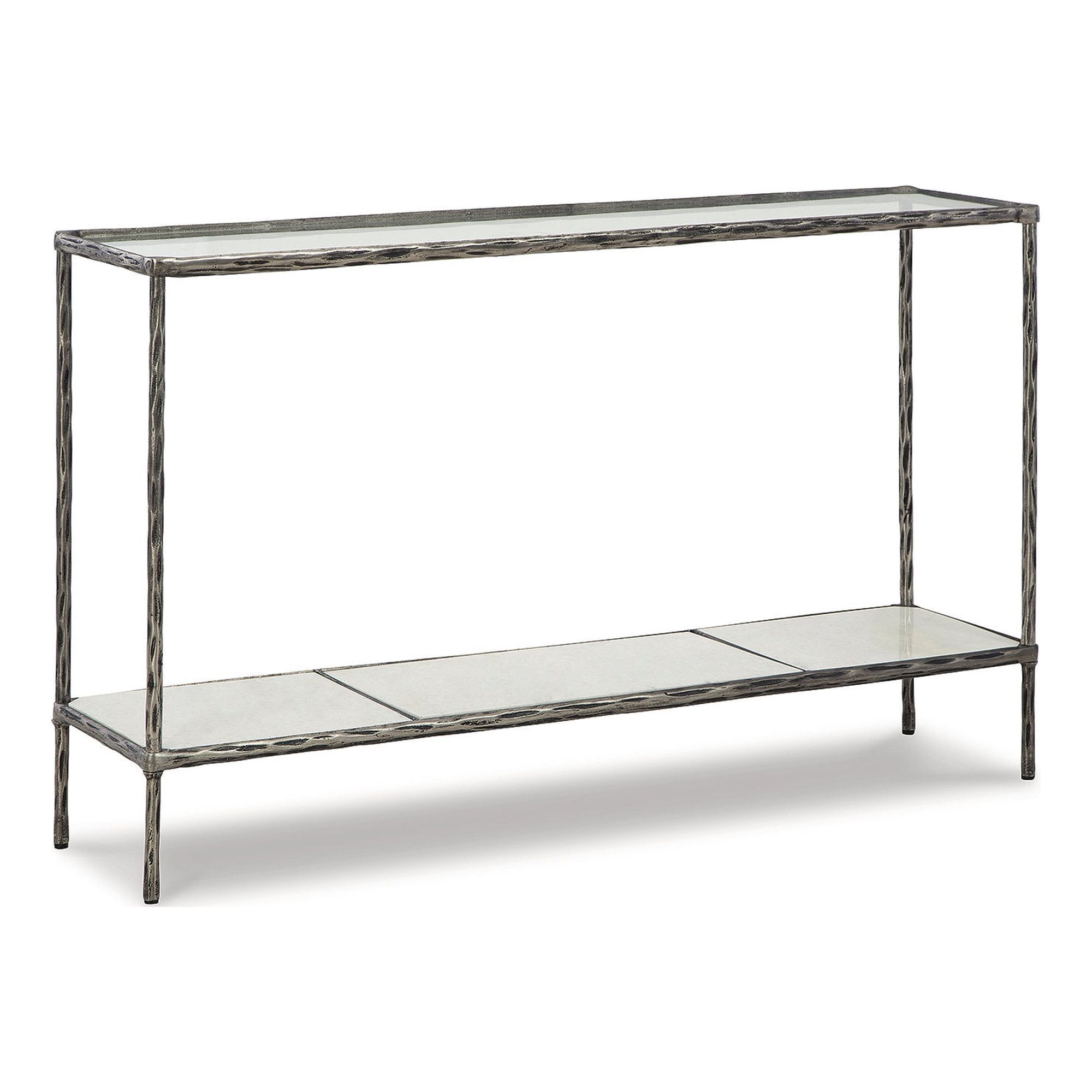 Gray Metal and Glass Console Table with Marble Shelf