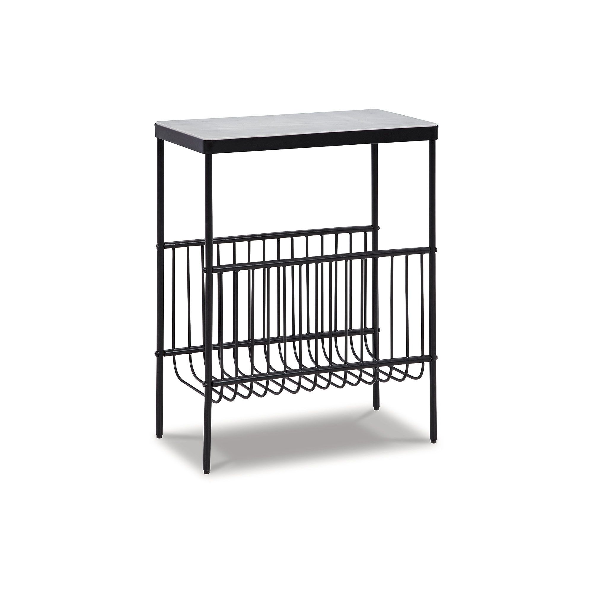 White Marble and Black Metal Rectangular Accent Table with Storage Rack