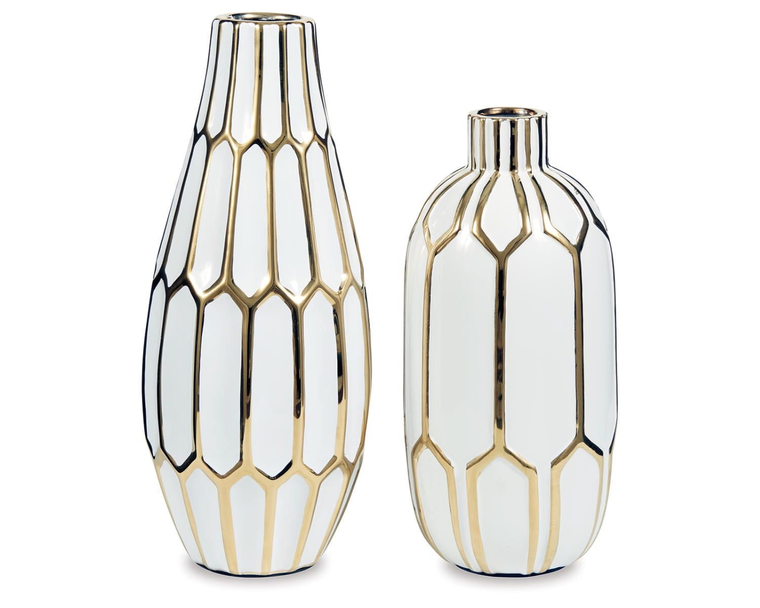 Gold and White Ceramic Honeycomb Pattern Table Vase Set