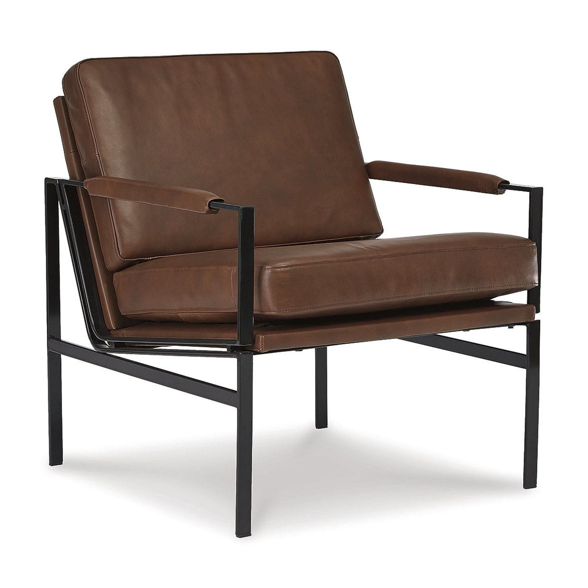 Contemporary Brown Leather Accent Chair with Silver Finish