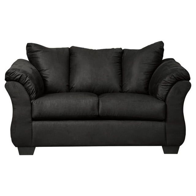 Modern Black Fabric Loveseat with Pillow-Top Arms and Wood Accents