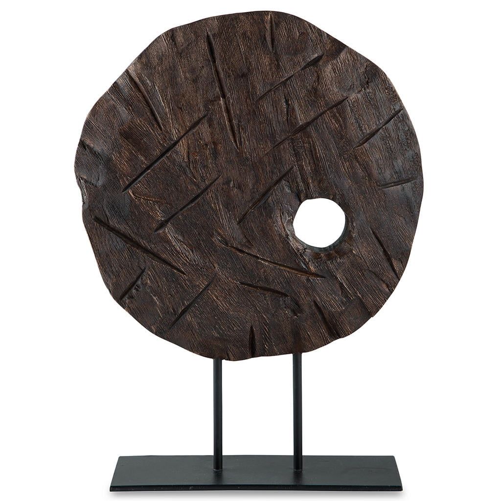 Antiqued Brown Wood Sculpture with Black Metal Base