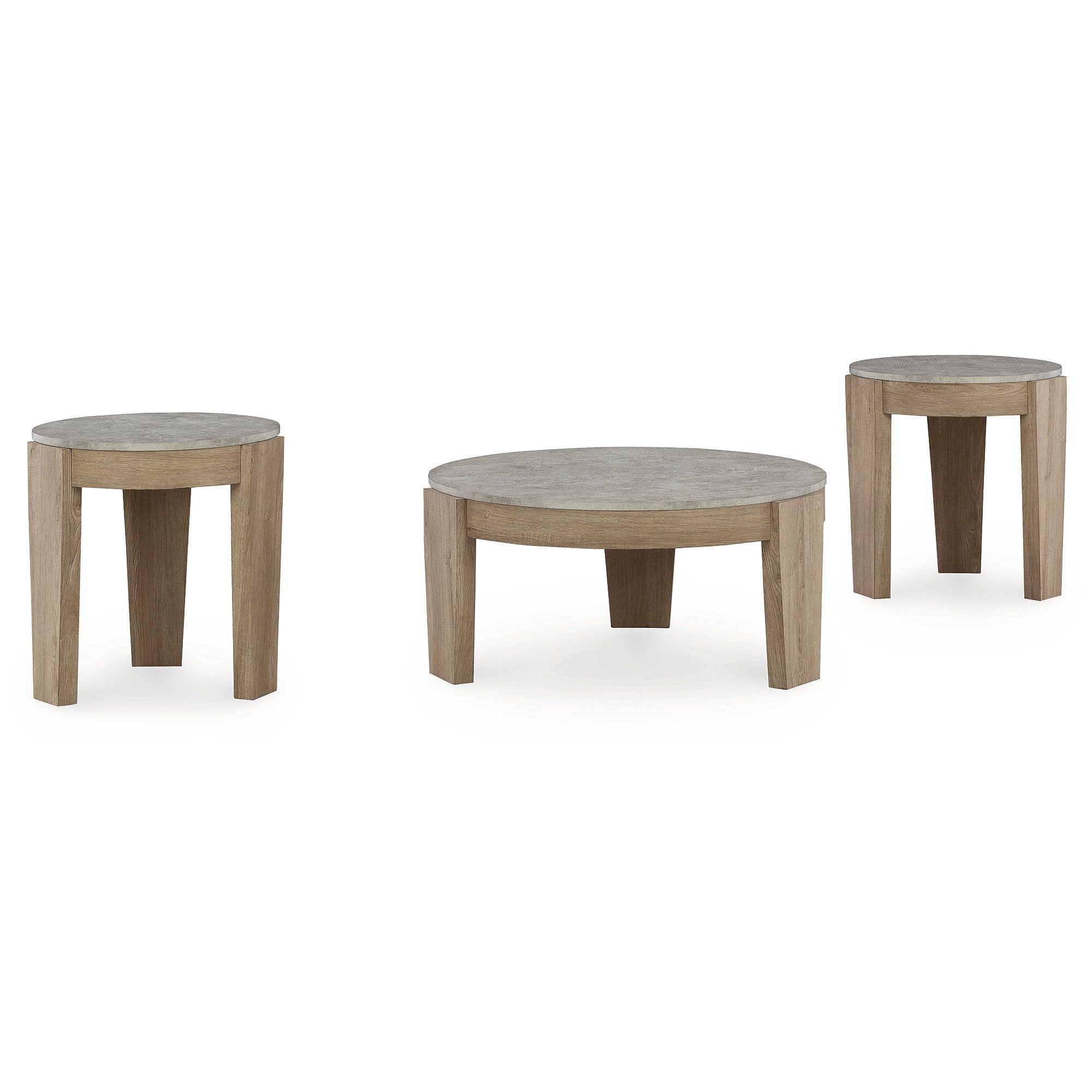 Light Brown and Gray Round Faux Cement Coffee and End Table Set