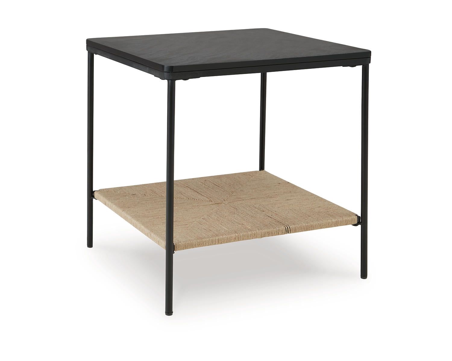 Square Black Marble and Beige Jute Accent Table