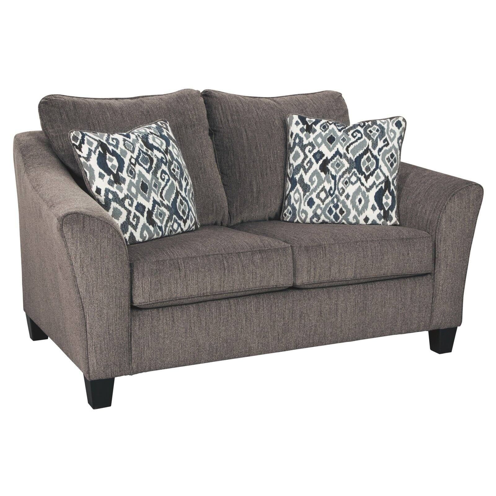 Slate Gray Microfiber Loveseat with Flared Arms and Pillows