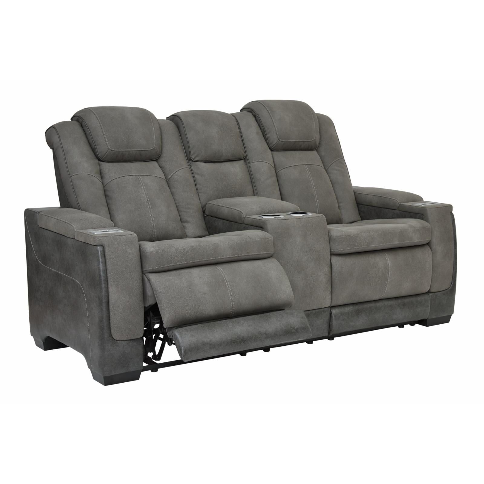 Gray Faux Leather Power Reclining Loveseat with Storage and Cup Holder