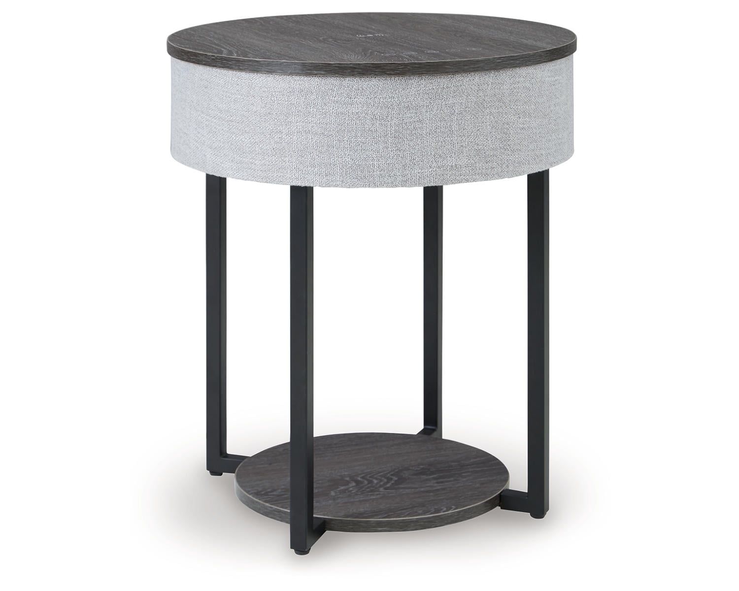 Gray and Black Round Wood and Metal Accent Table with Built-in Speakers