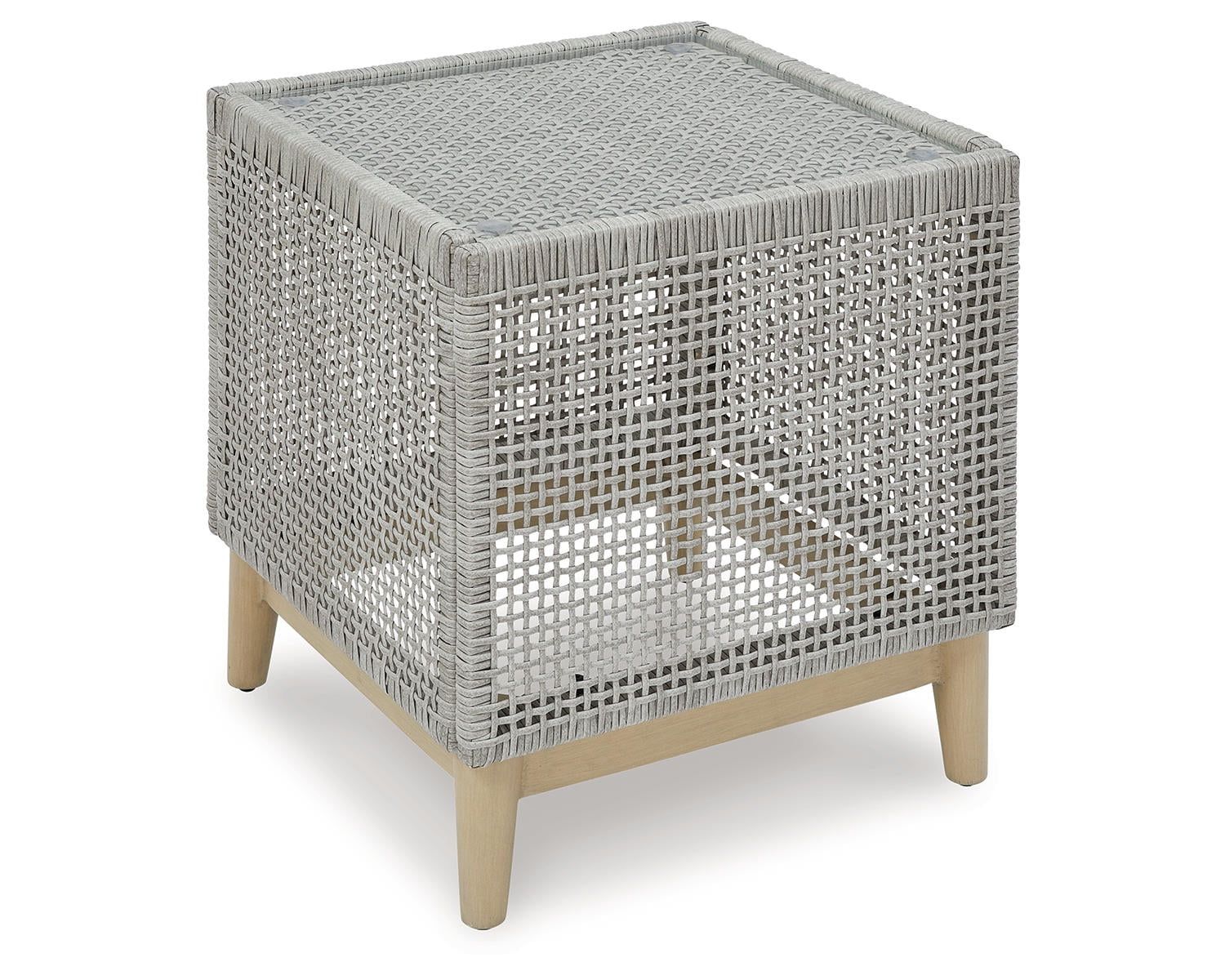 Gray Square Resin Wicker Outdoor End Table with Glass Top