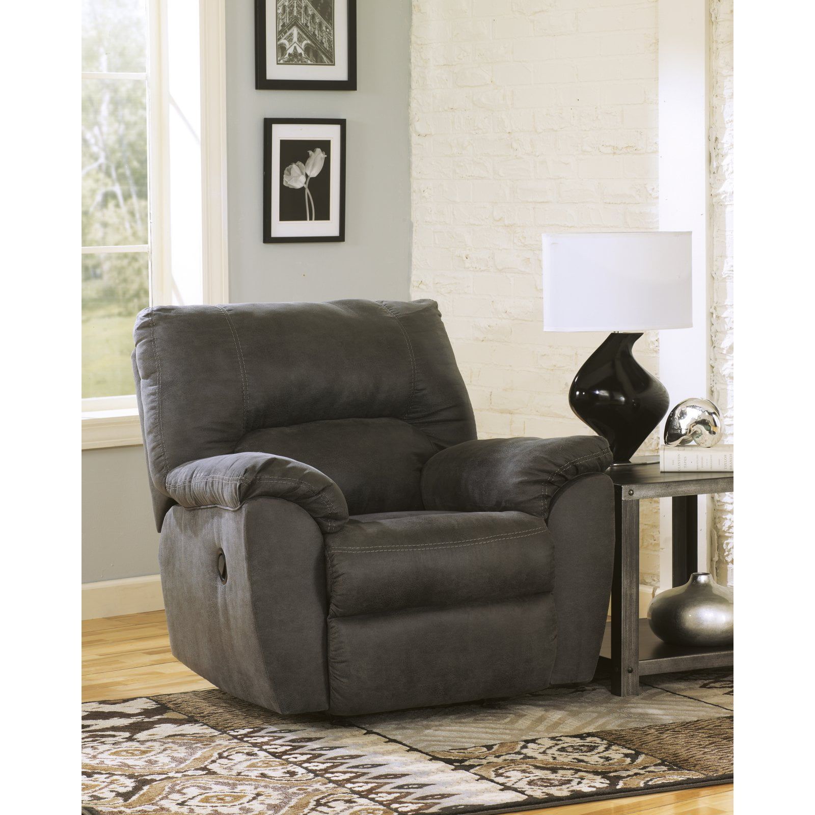 Pewter Gray Faux Leather Recliner with Metal Frame
