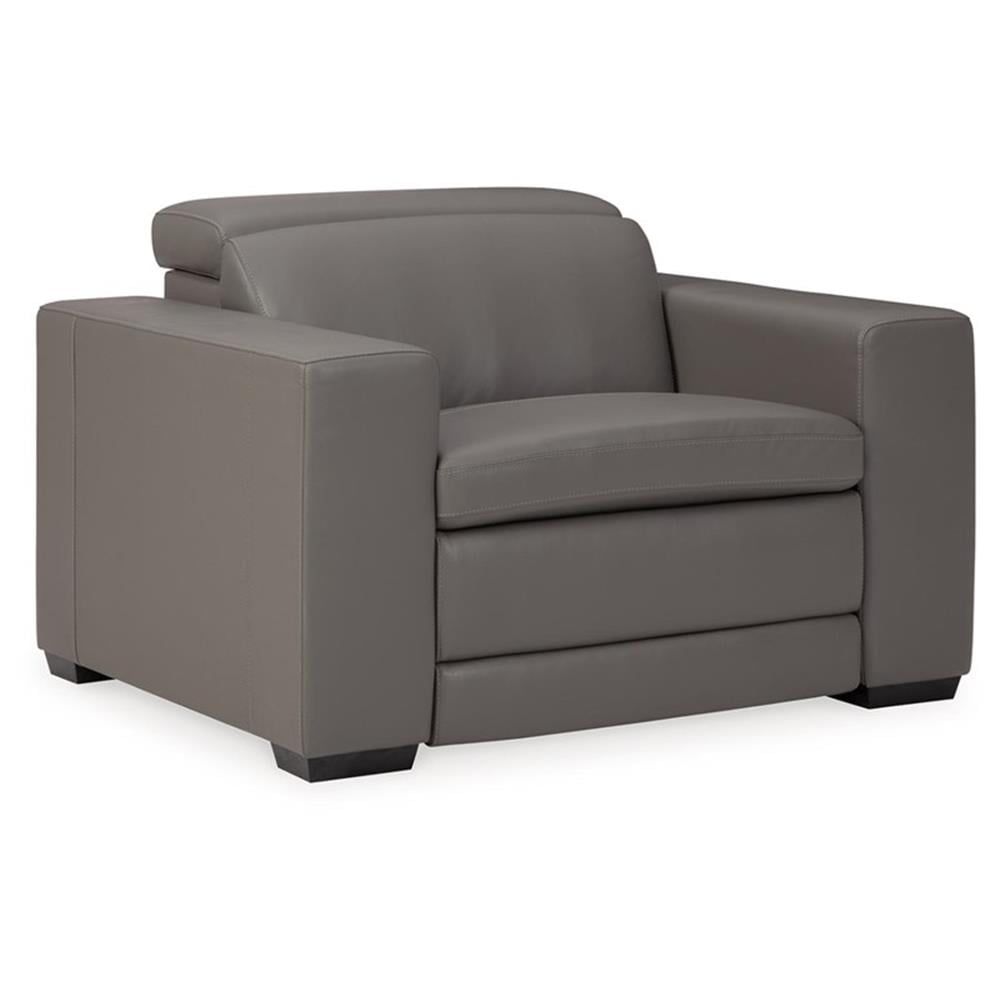 Contemporary Gray Leather Power Recliner with Adjustable Headrest