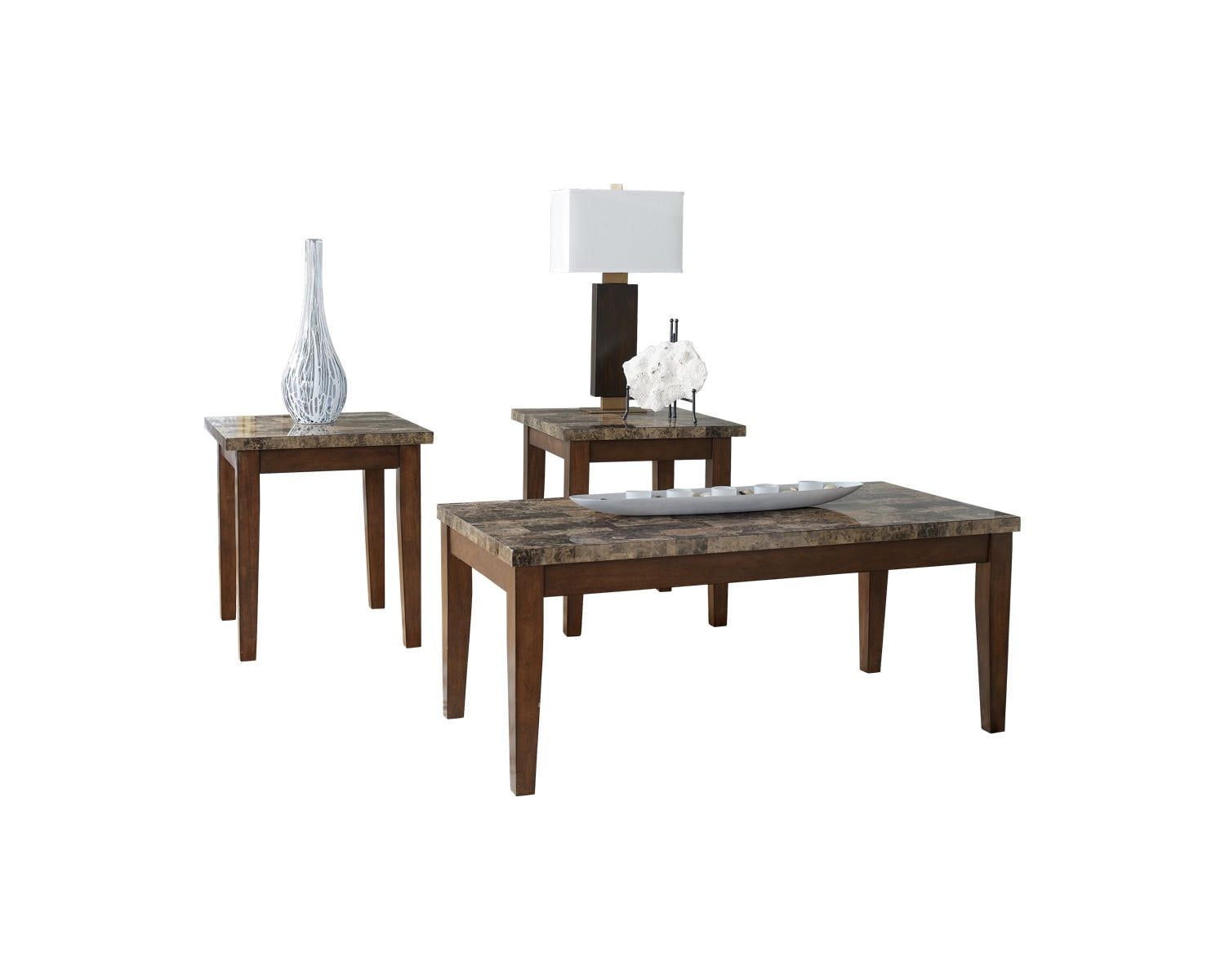 Theo Brown Faux Marble 3-Piece Rectangular Coffee Table Set