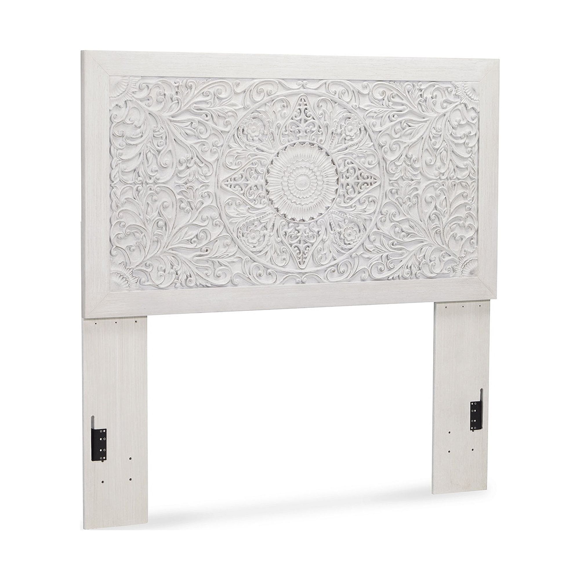 White Wood Twin Sleigh Bed with Intricate Carvings