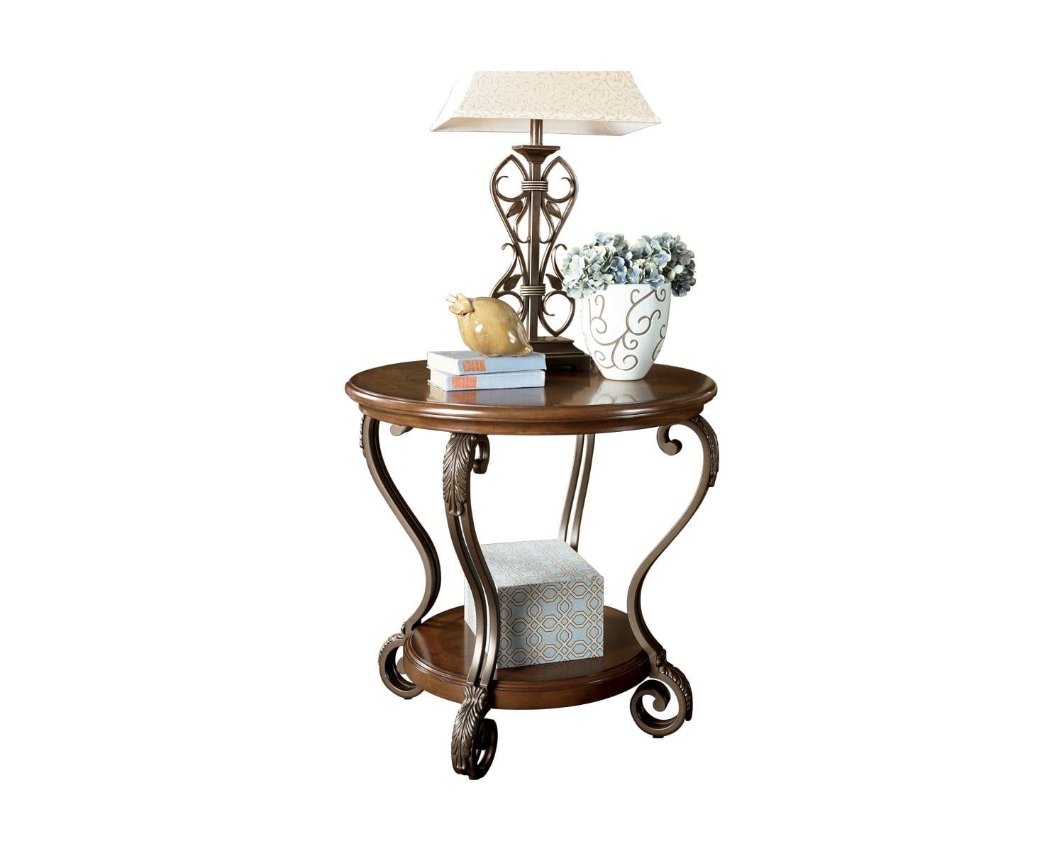 Nestor Contemporary Round End Table with Acanthus Leaf Carvings, Medium Brown