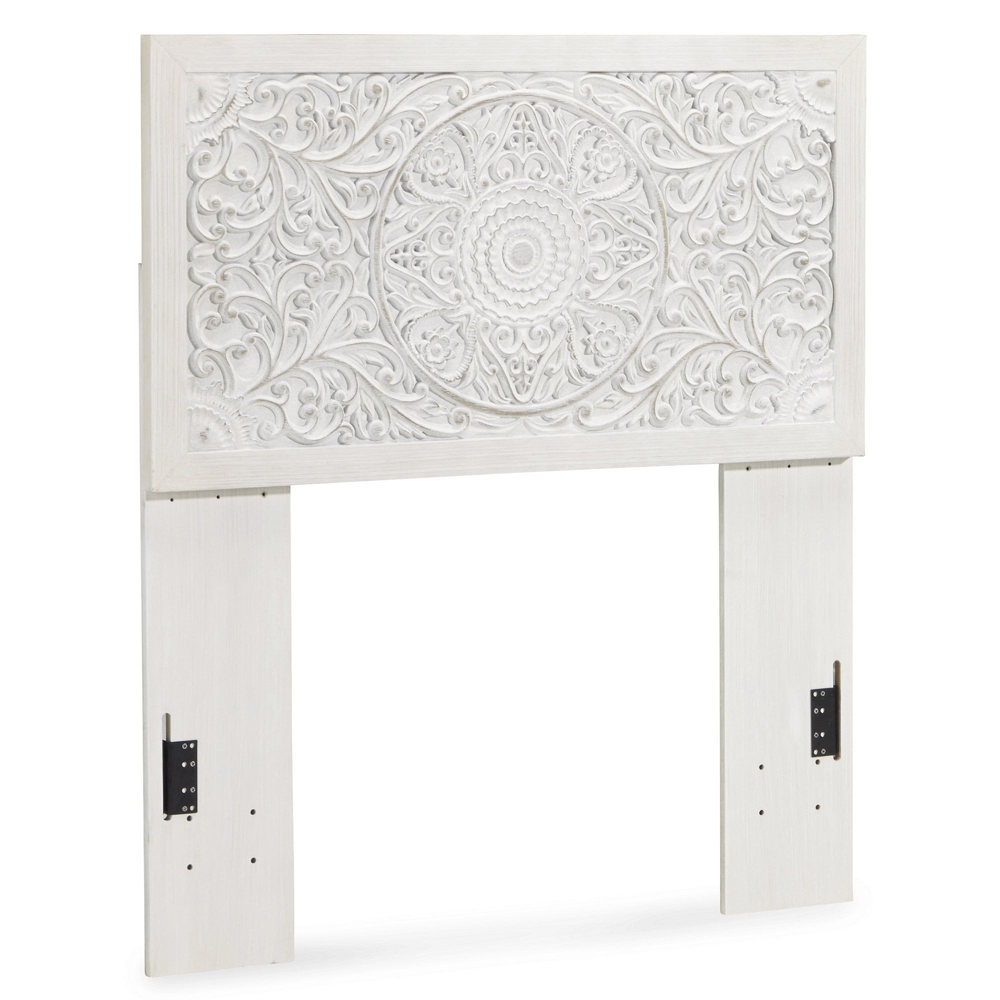 White Twin Wood Panel Bed with Carved Medallion Design