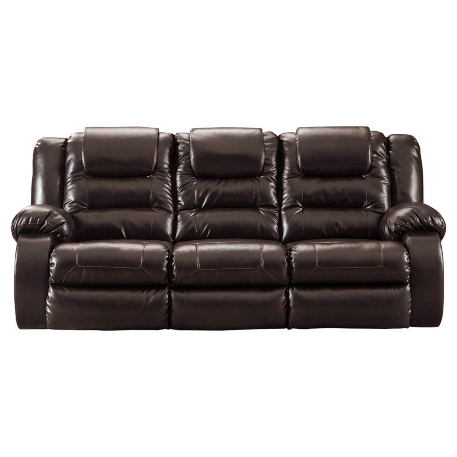 Vacherie Chocolate Faux Leather Reclining Sofa with Cup Holder