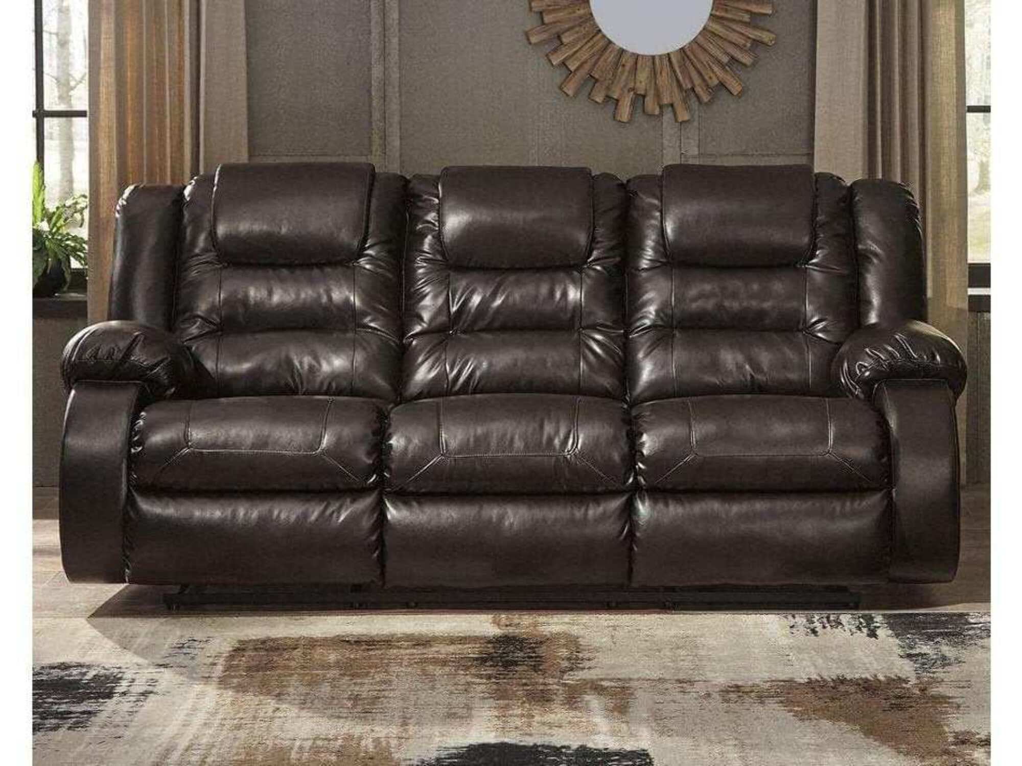 Vacherie Chocolate Faux Leather Reclining Sofa with Cup Holder