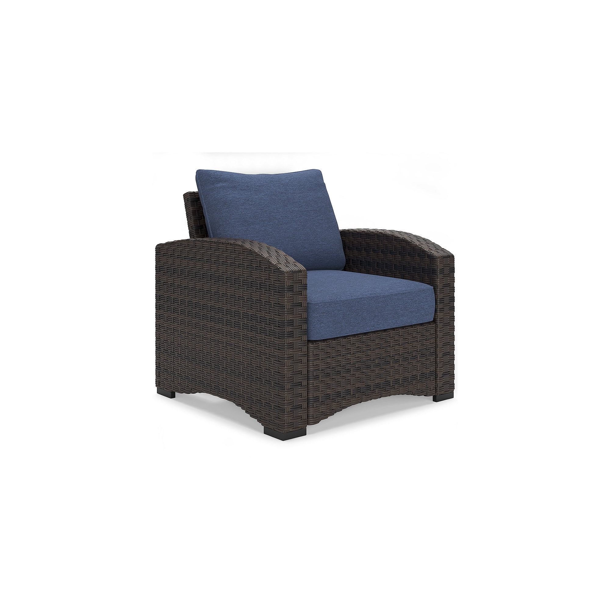 Blue and Brown Wicker Lounge Chair with Cushions