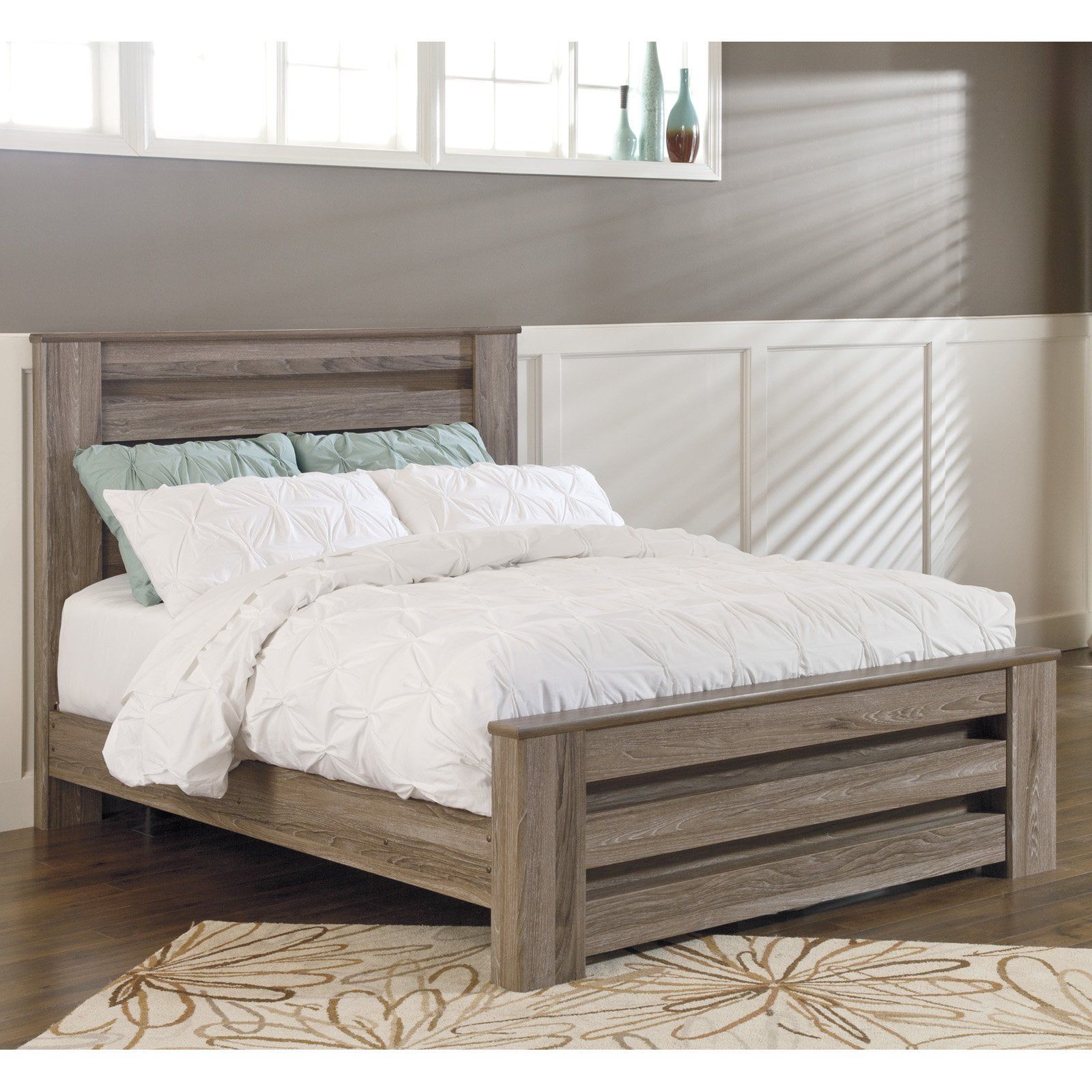 Transitional Gray Oak King Panel Bed with White Wax Effect