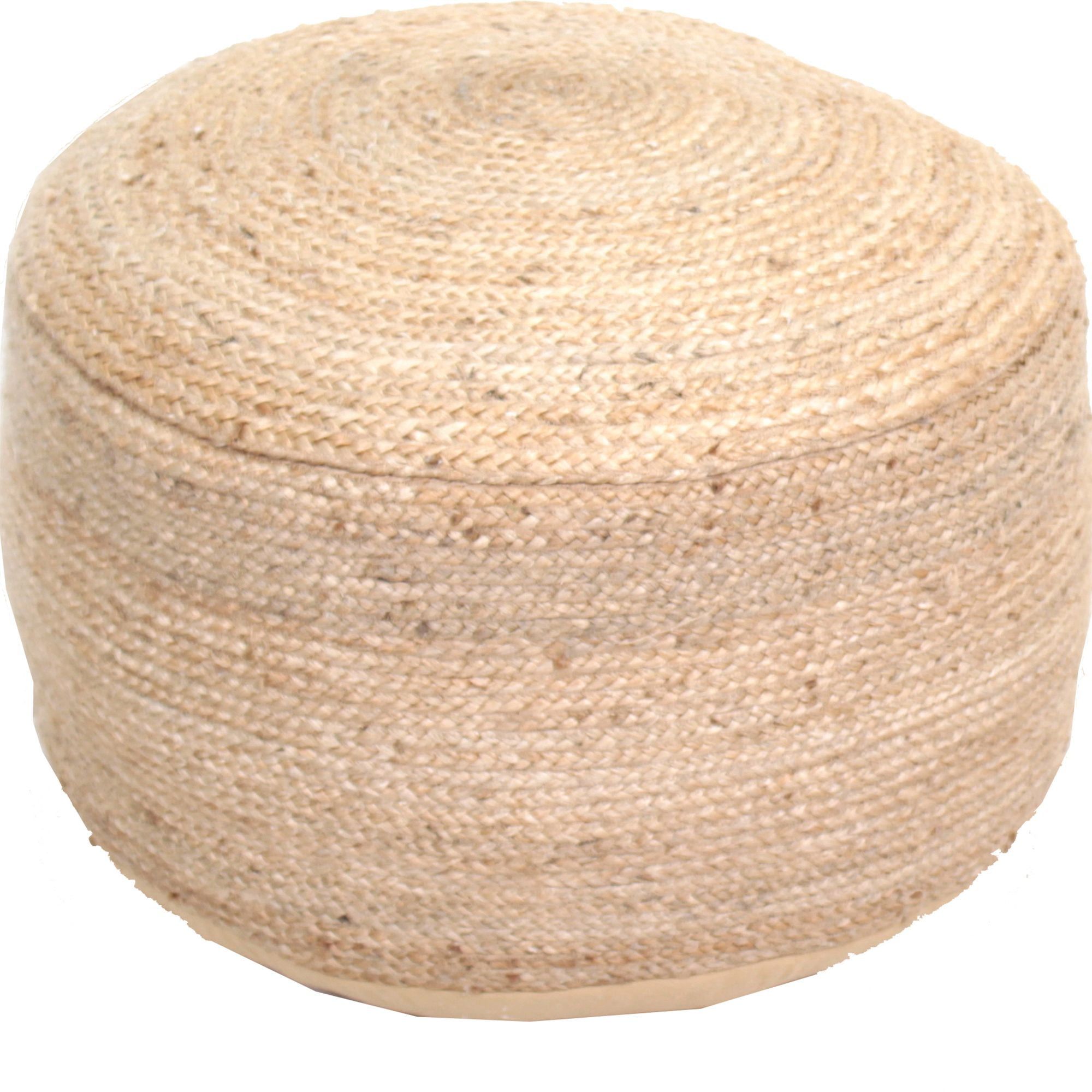 Beige 24" Braided Jute & Cotton Traditional Round Pouf