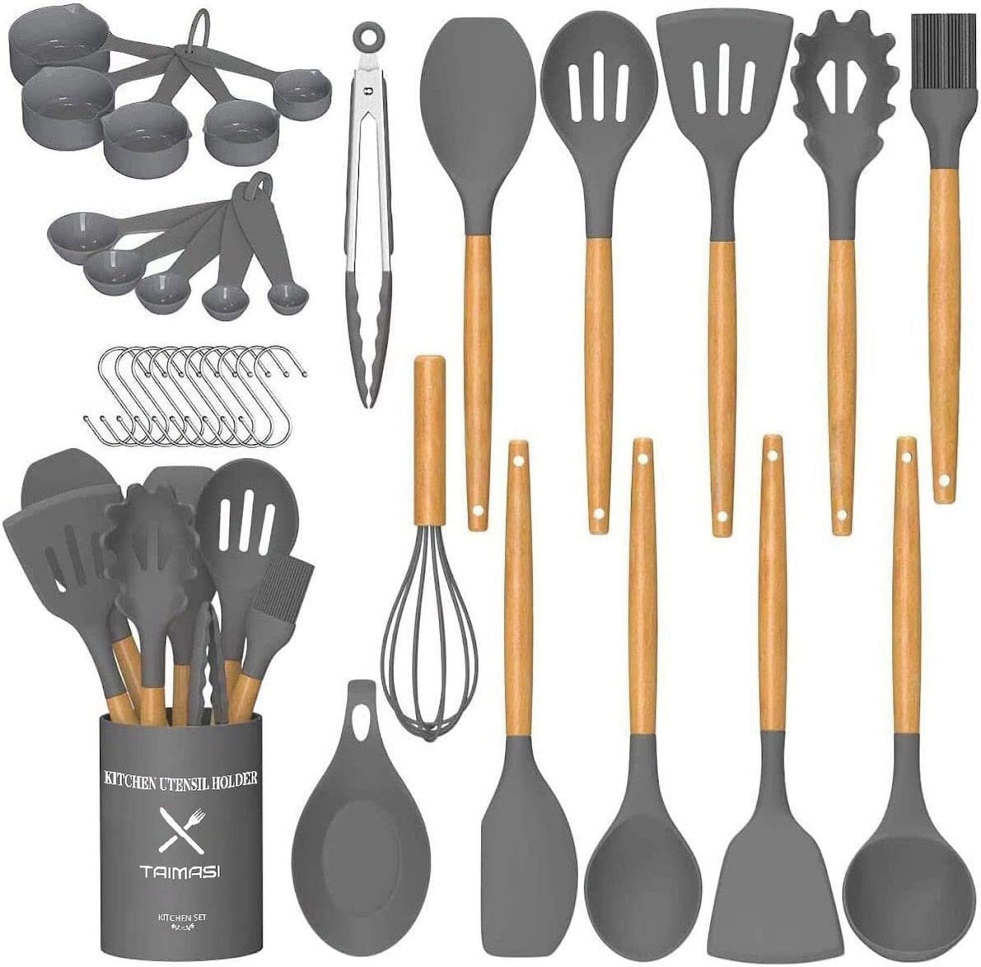 33-Piece Gray Silicone Kitchen Utensil Set with Wooden Handles