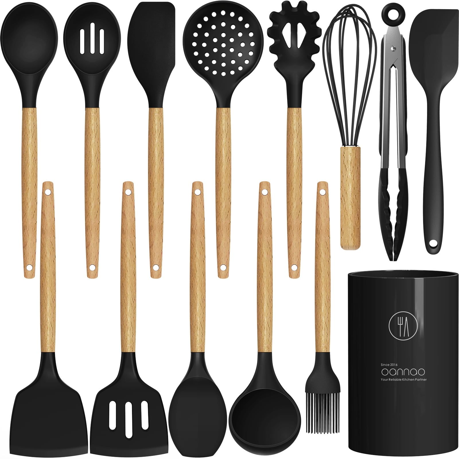 Black Silicone Cooking Utensils Set with Wooden Handles and Holder