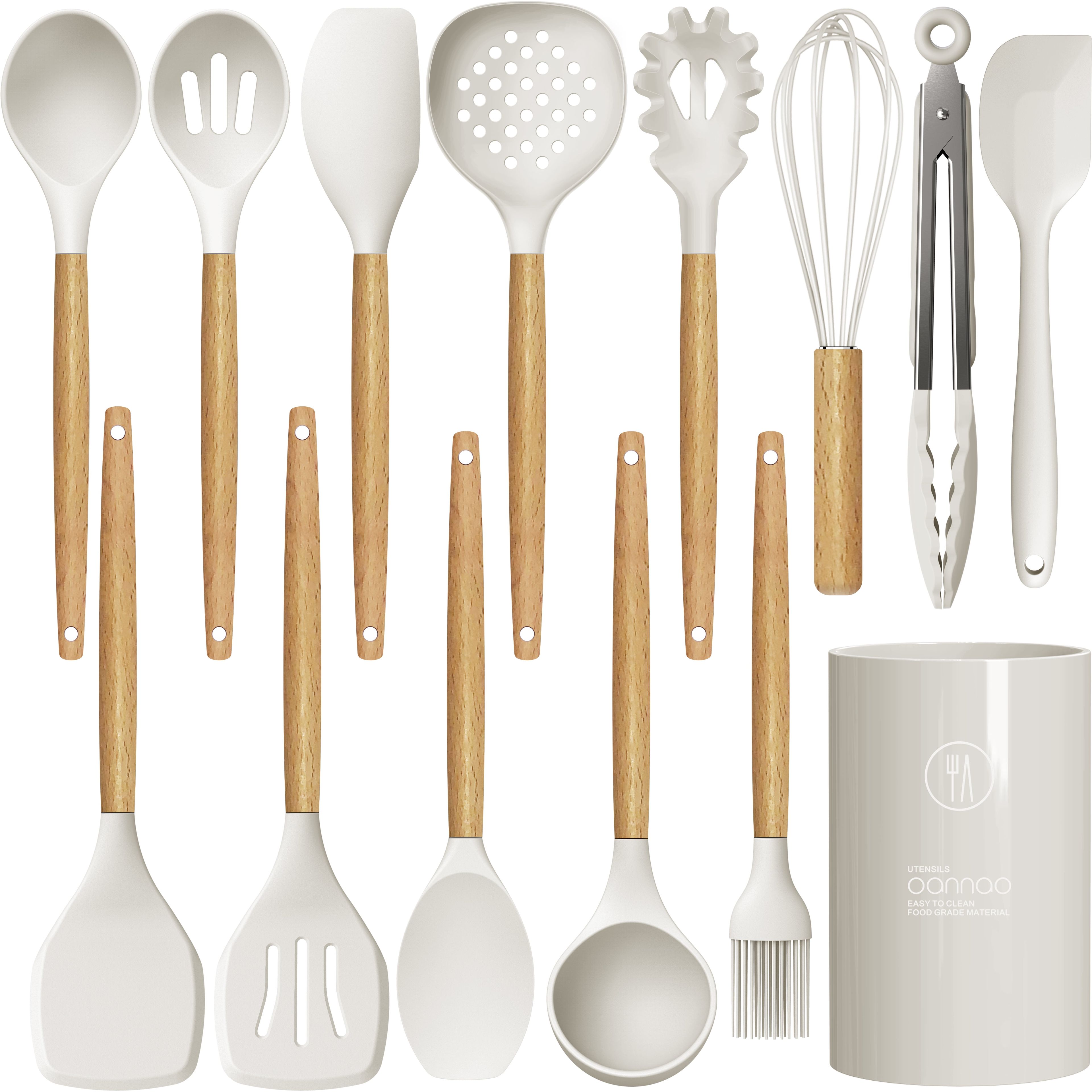 Cream White Heat Resistant Silicone Cooking Utensils Set with Wooden Handles