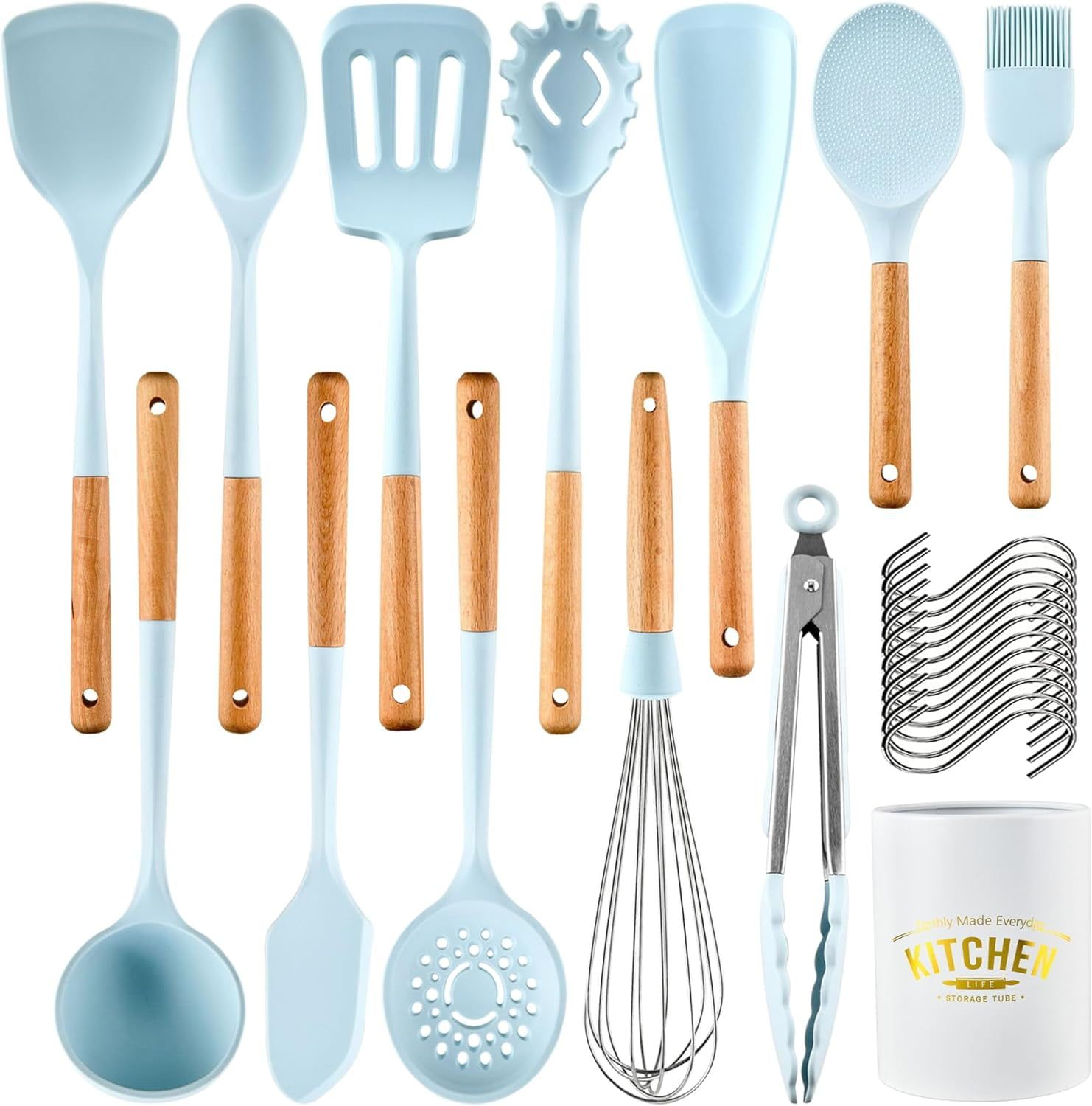 13-Piece Blue Silicone and Wood Handle Cooking Utensil Set