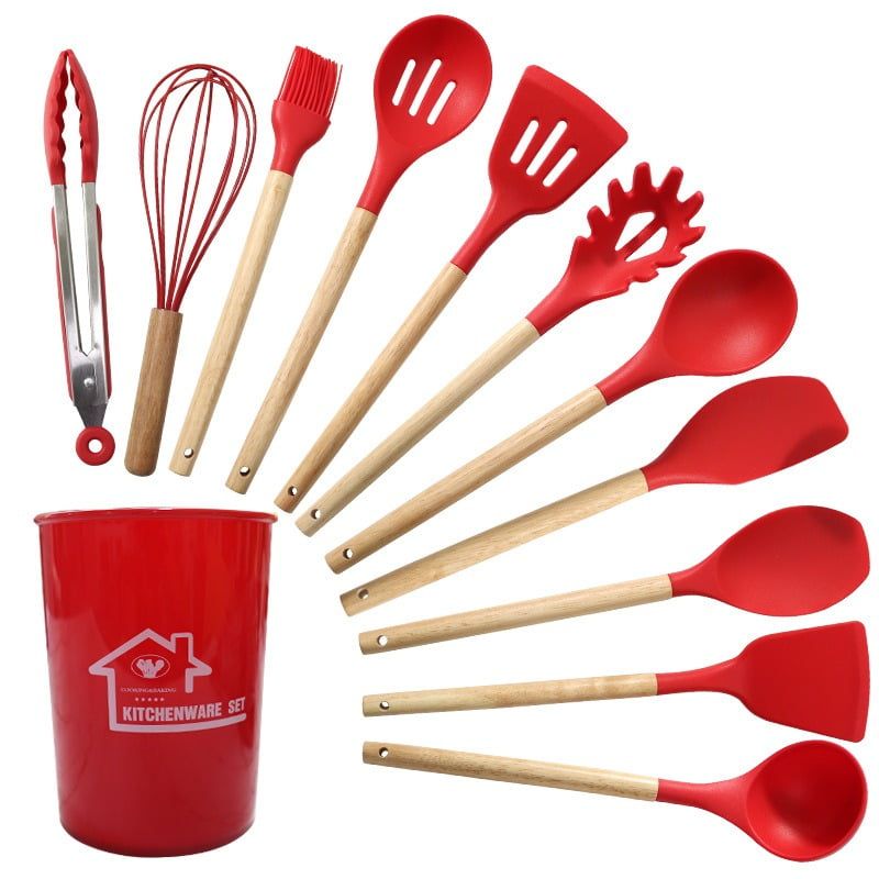 Red 12-Piece Silicone Kitchen Utensils Set with Wooden Handles and Holder