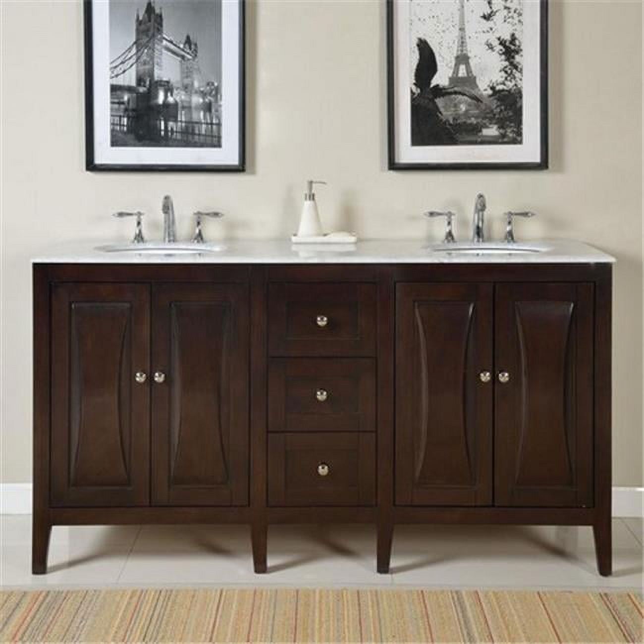 Transitional 68'' Double Walnut Solid Wood Vanity with Marble Top