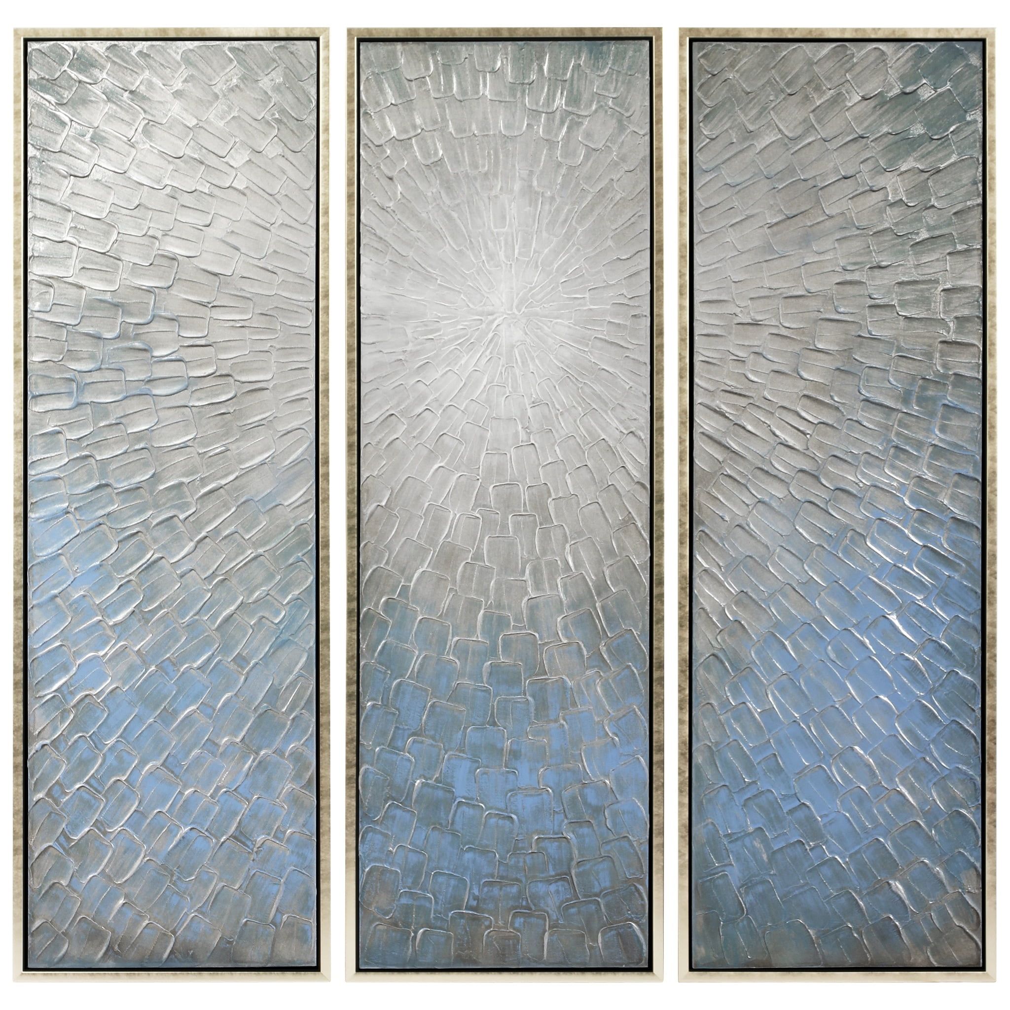 Silver Ice 60" Textured Hand-Painted Abstract Canvas Triptych