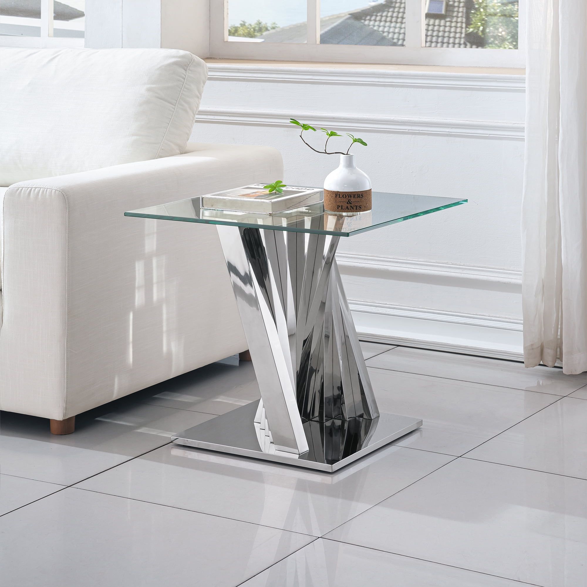 Silver Mirrored Stainless Steel and Glass End Table