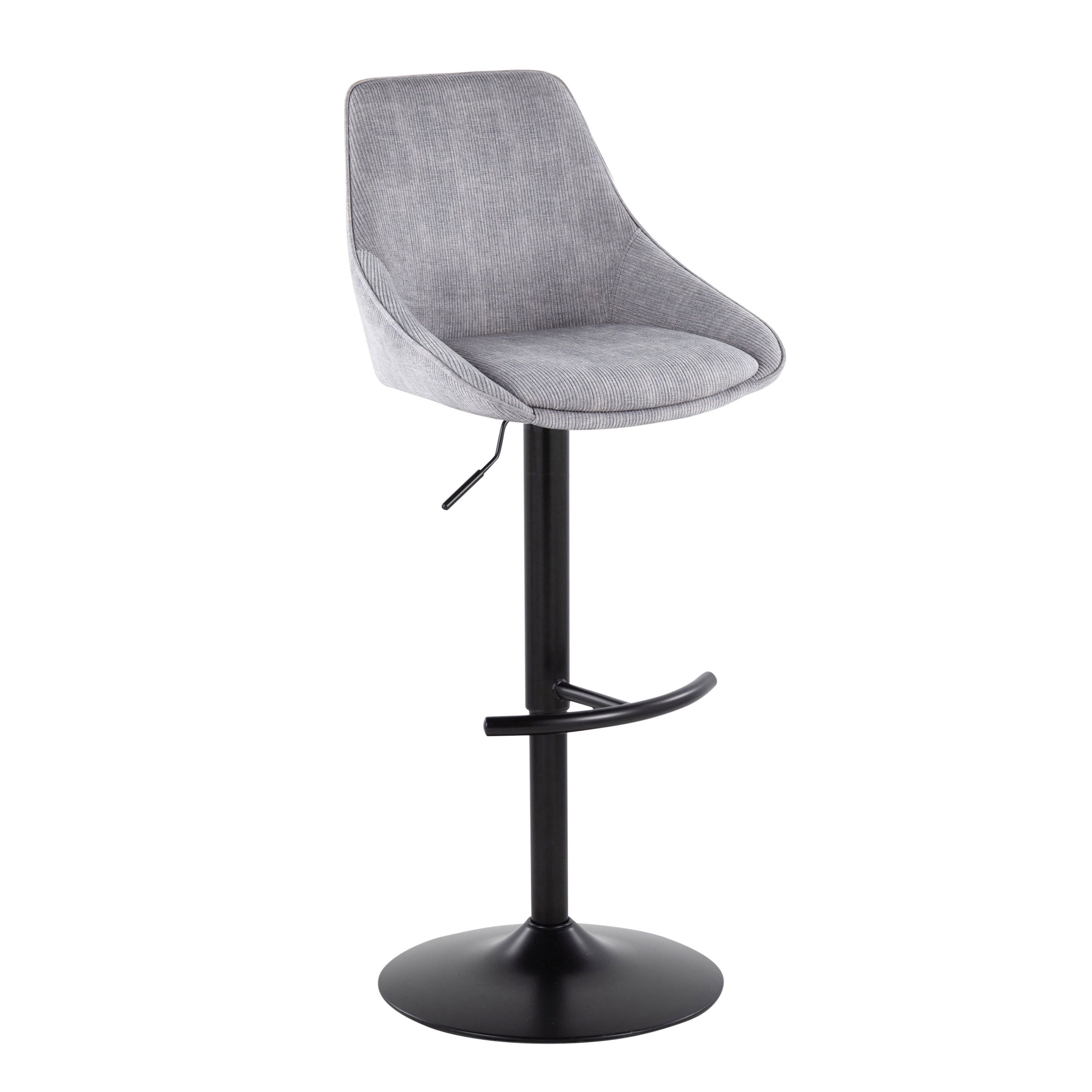 Grey Corduroy Adjustable Swivel Bar Stool with Black Metal Base