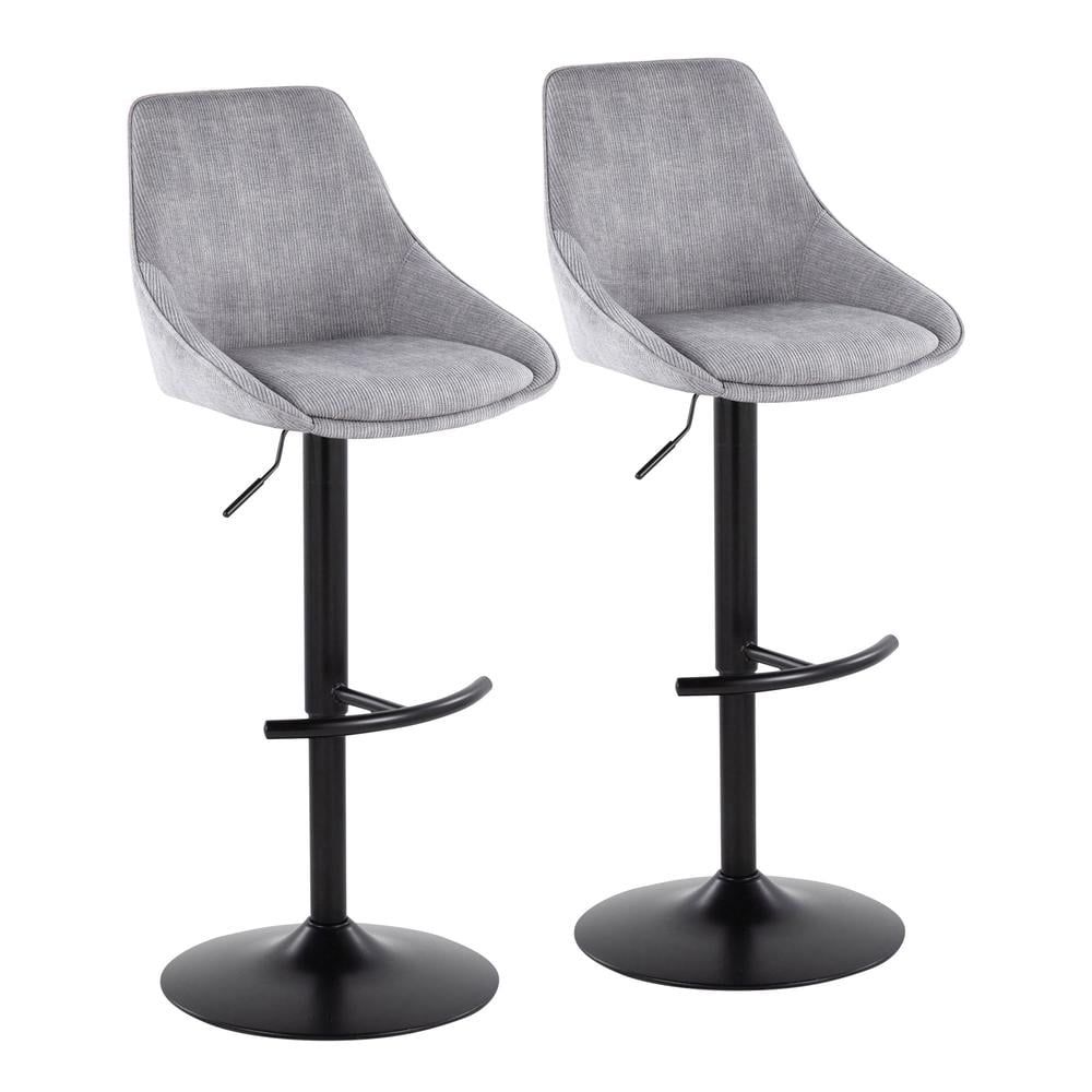 Grey Corduroy Adjustable Swivel Bar Stool with Black Metal Base