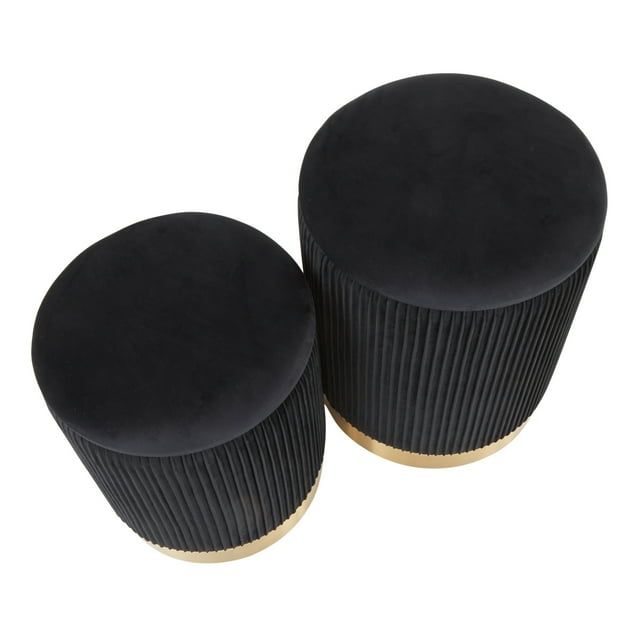 Black Velvet and Gold Metal Pleated Nesting Ottoman Set