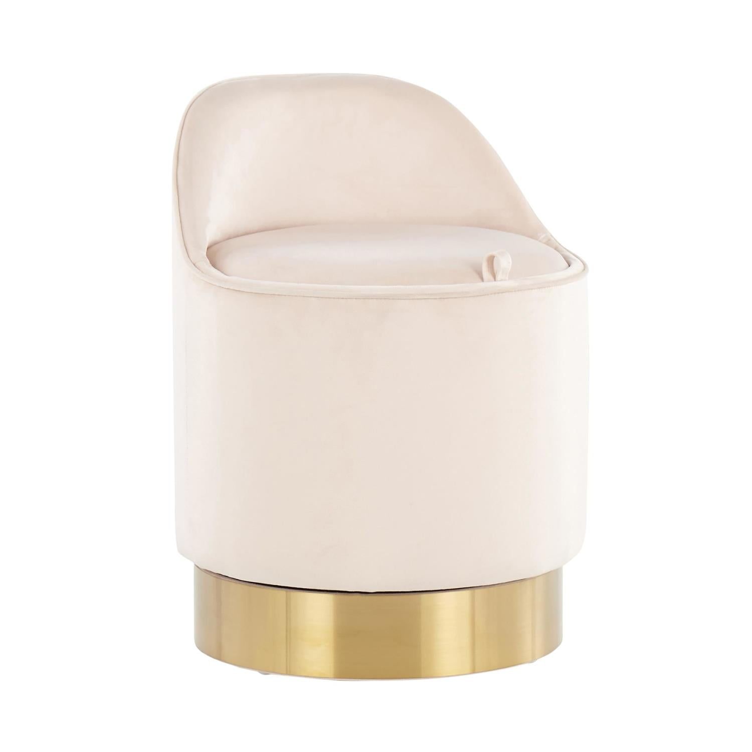 Luxurious White Velvet Vanity Stool with Gold Metal Base