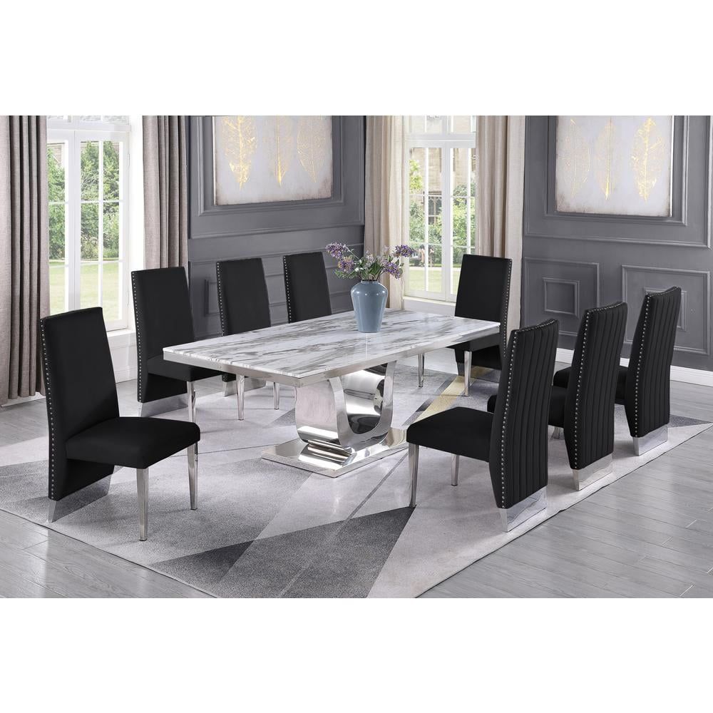 Silver Stainless Steel 9 Piece Dining Set with Marble Table and Black Velvet Chairs