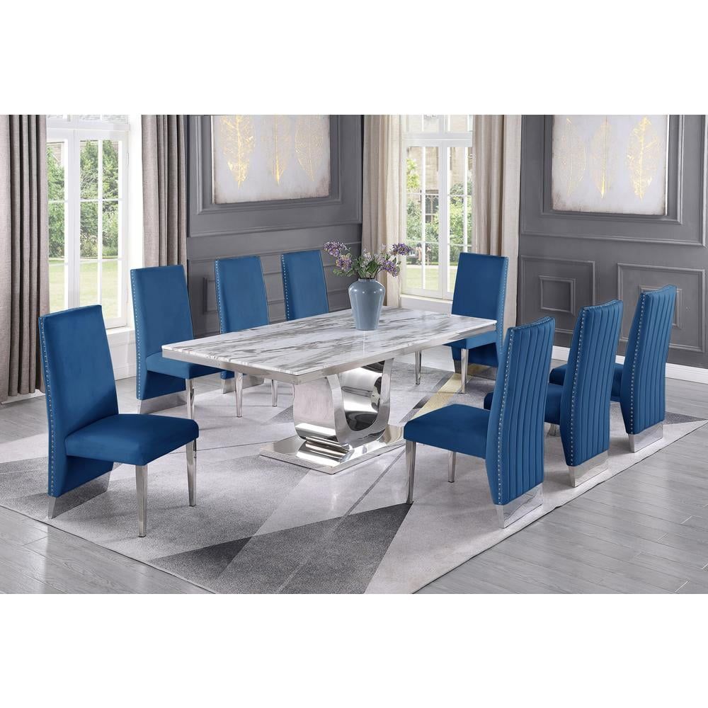 Silver Stainless Steel 9 Piece Dining Set with White Marble Table and Navy Velvet Chairs