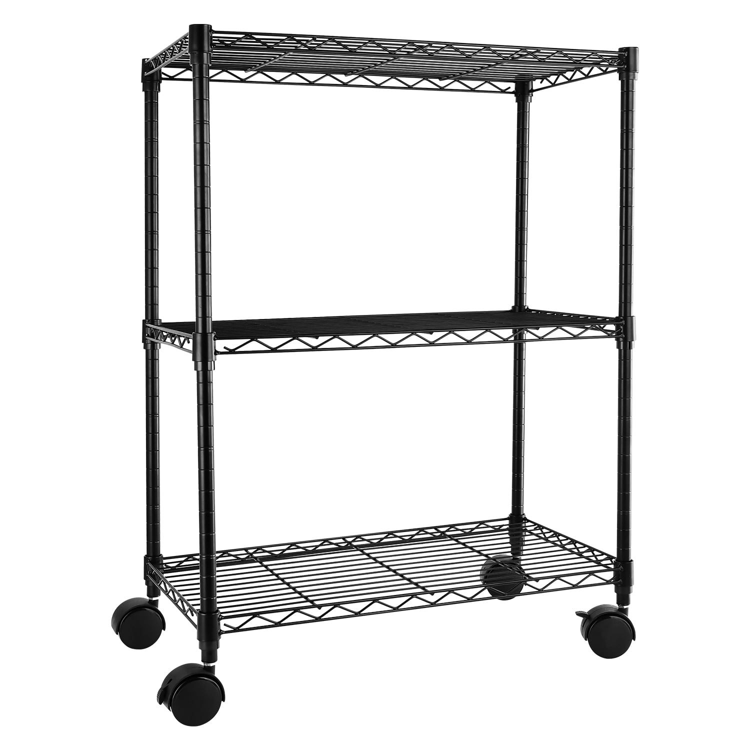 Black Adjustable 3-Tier Steel Shelving Unit with Wheels