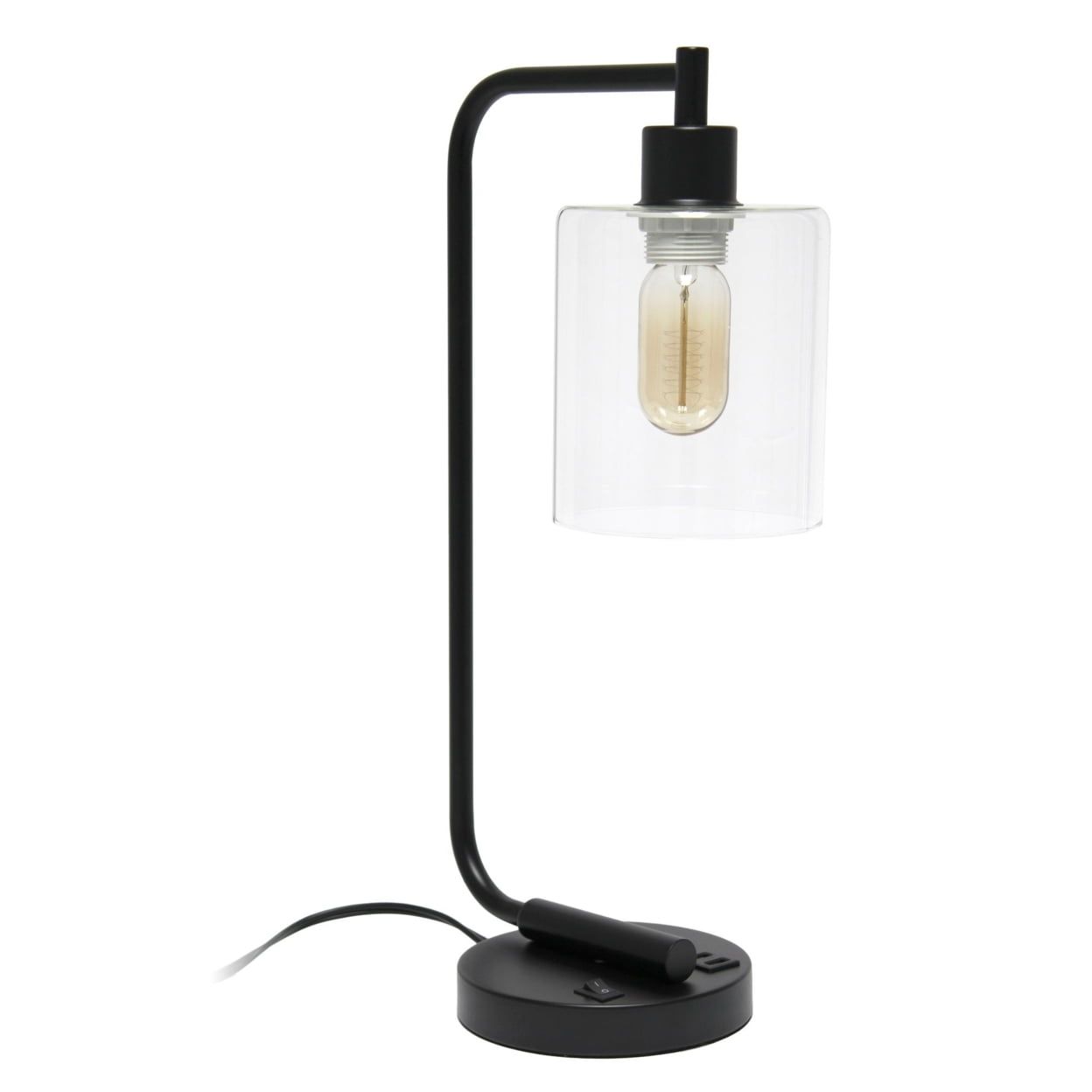 Arcadian Black Iron Desk Lamp with USB Ports and Glass Shade