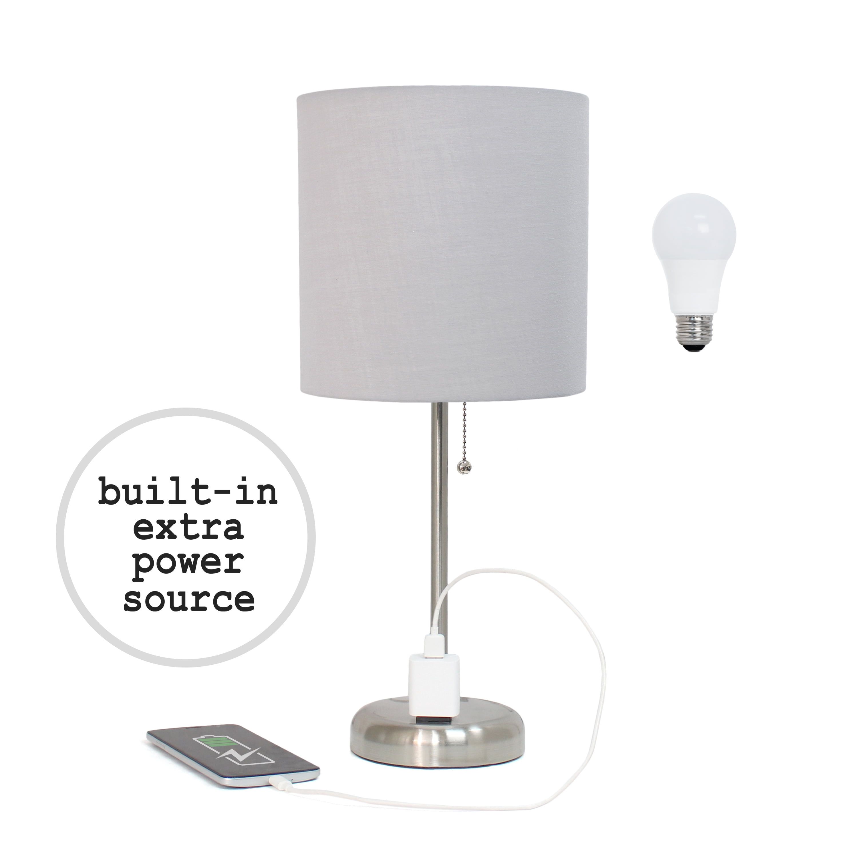 19.5" Gray Brushed Steel Stick Table Lamp with Charging Outlet