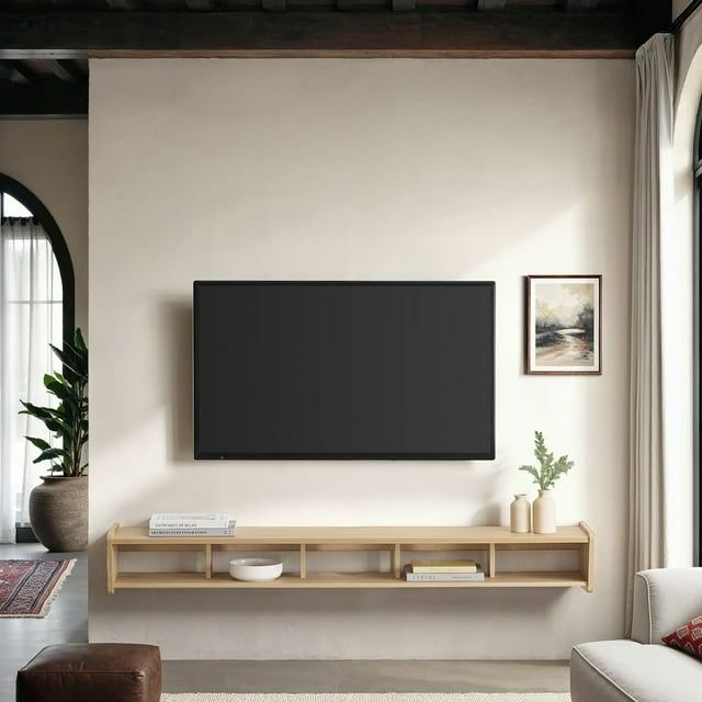 Coastal Oak Minimalist Floating TV Stand for 70 Inch TVs