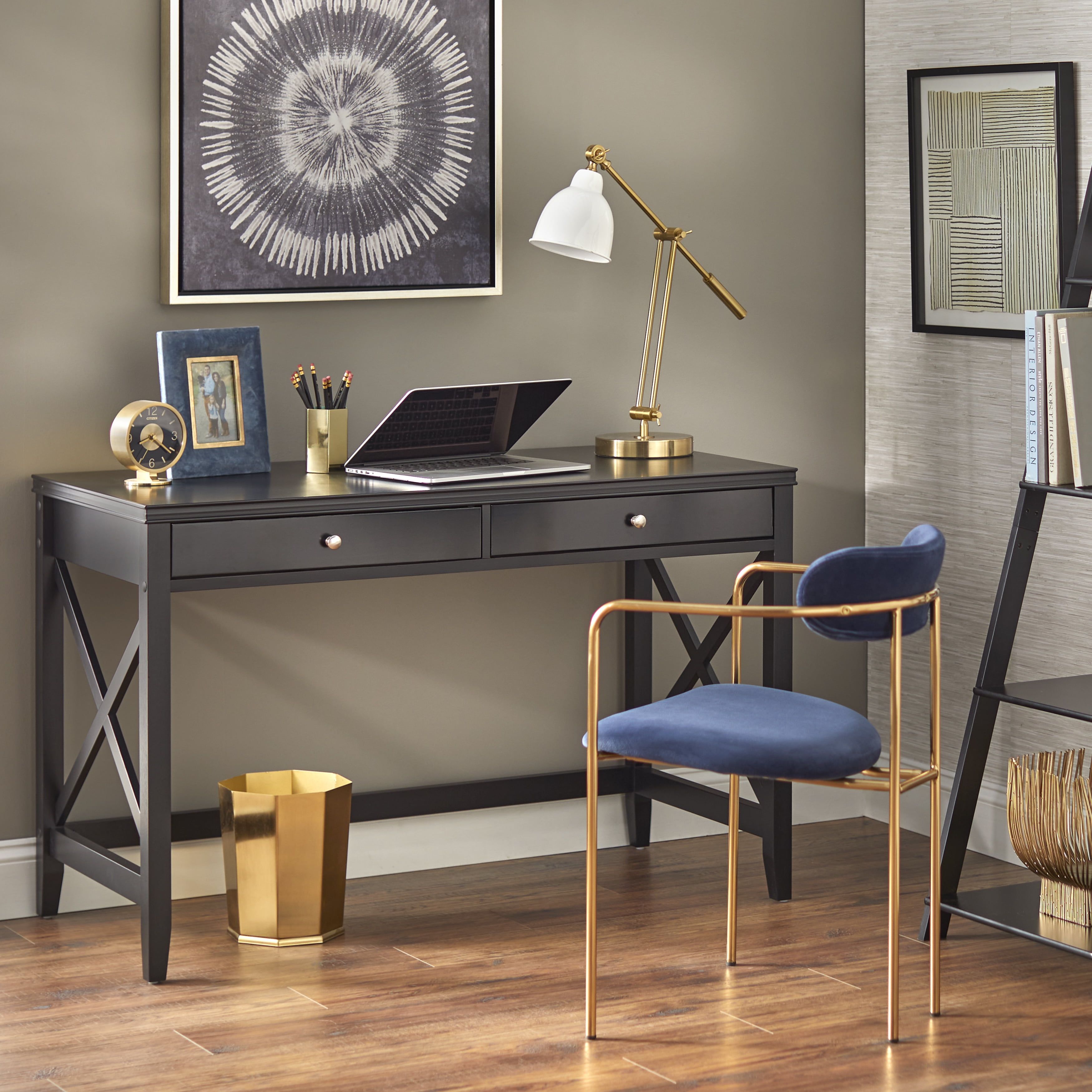 Black Pine Wood Adjustable Height Desk with Drawers