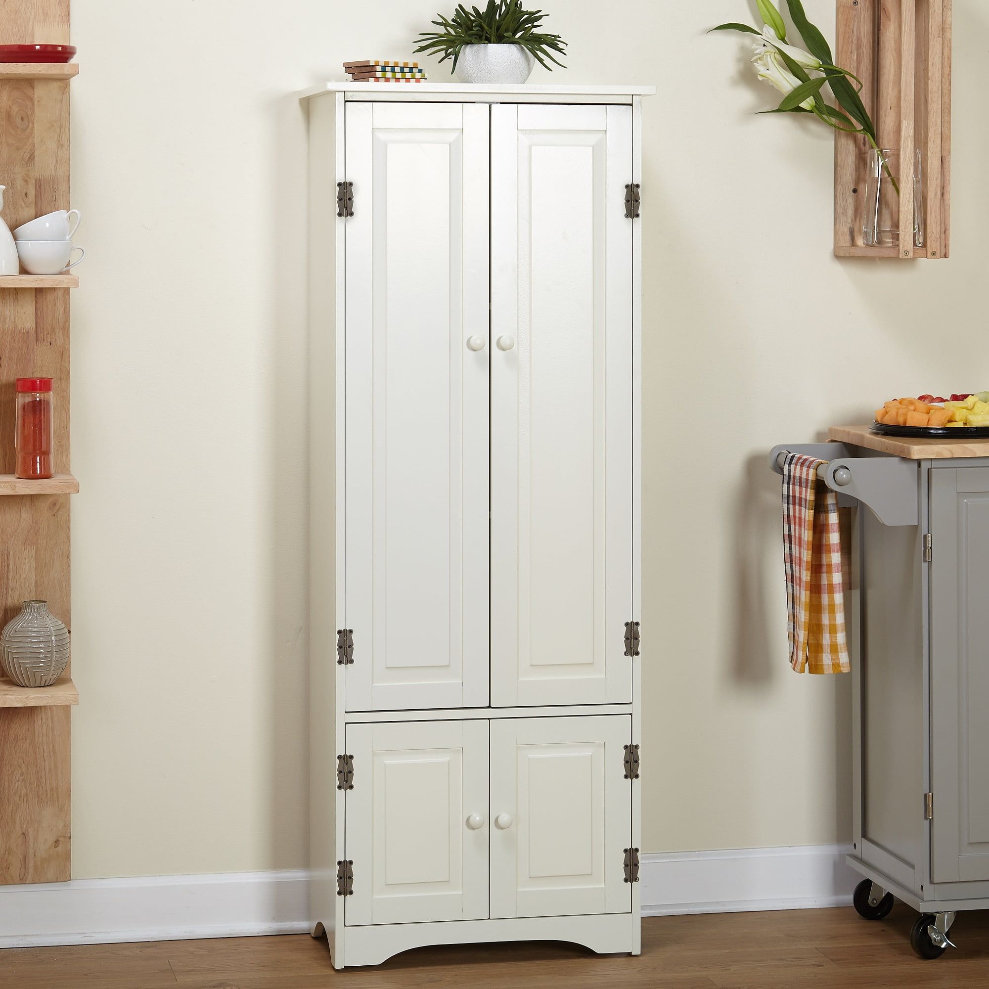 Antique White Tall Wood 4-Door Floor Cabinet