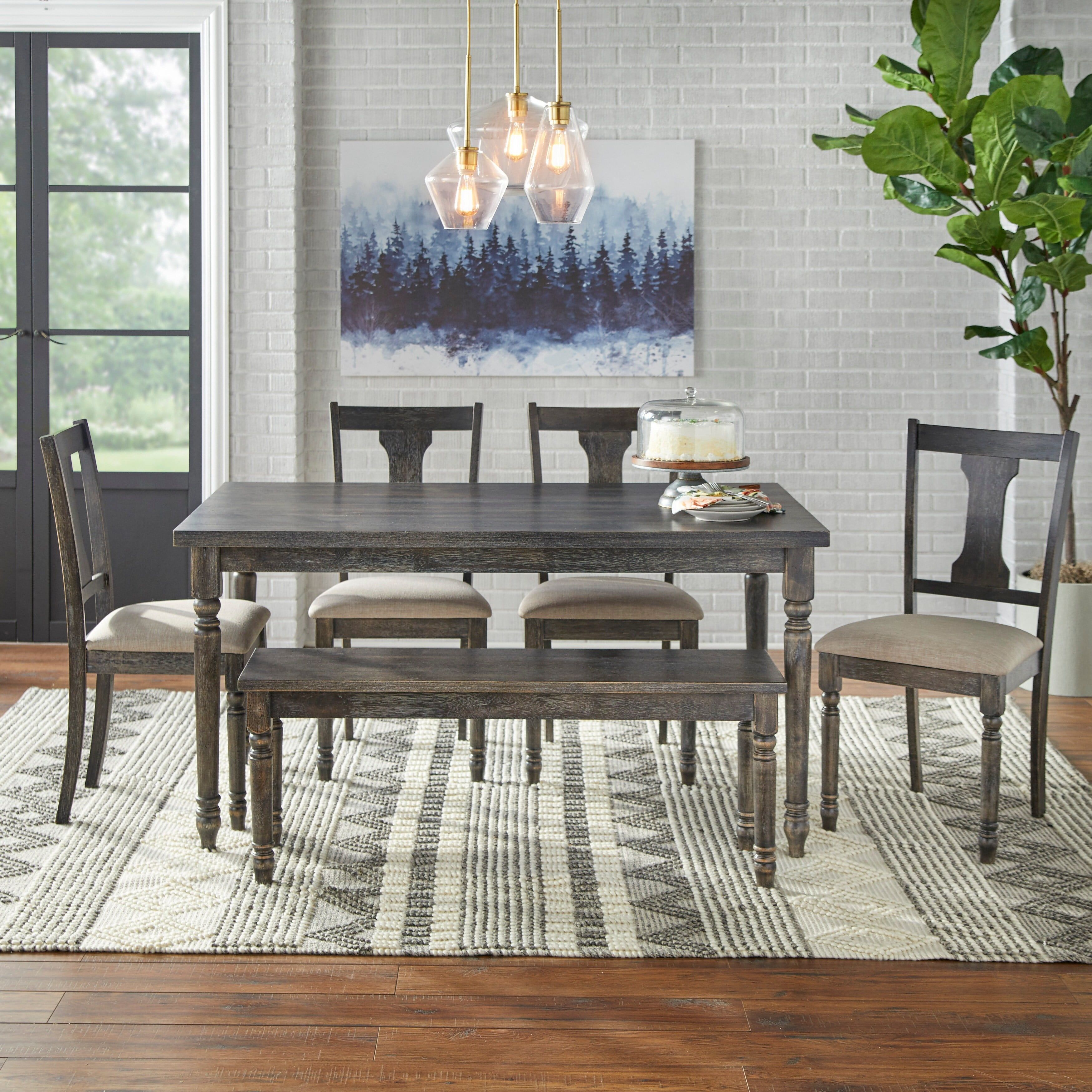 Weathered Grey Rubberwood 6-Piece Dining Set with Bench