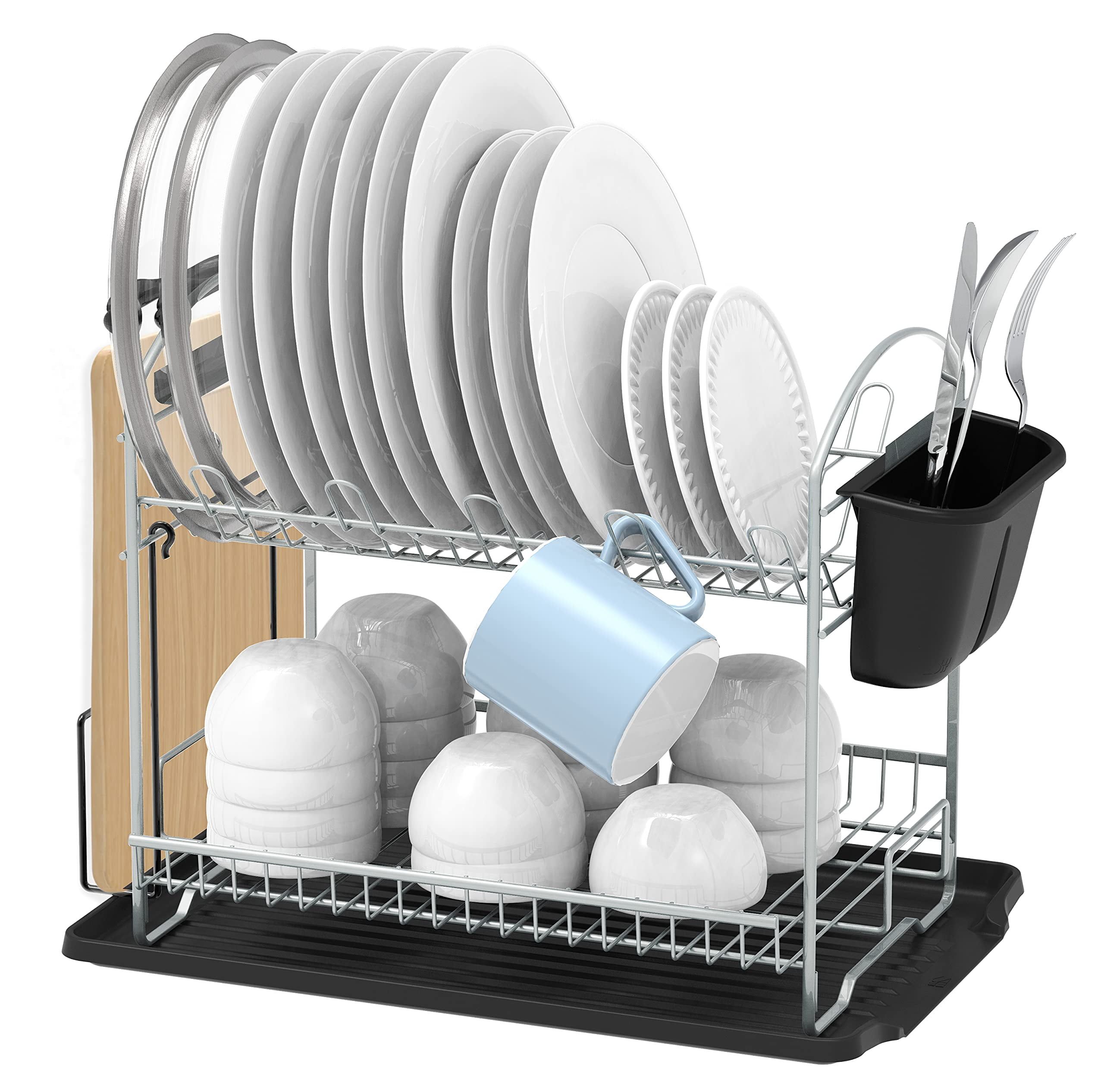 Silver Foldable 2-Tier Metal Dish Rack with Drainboard