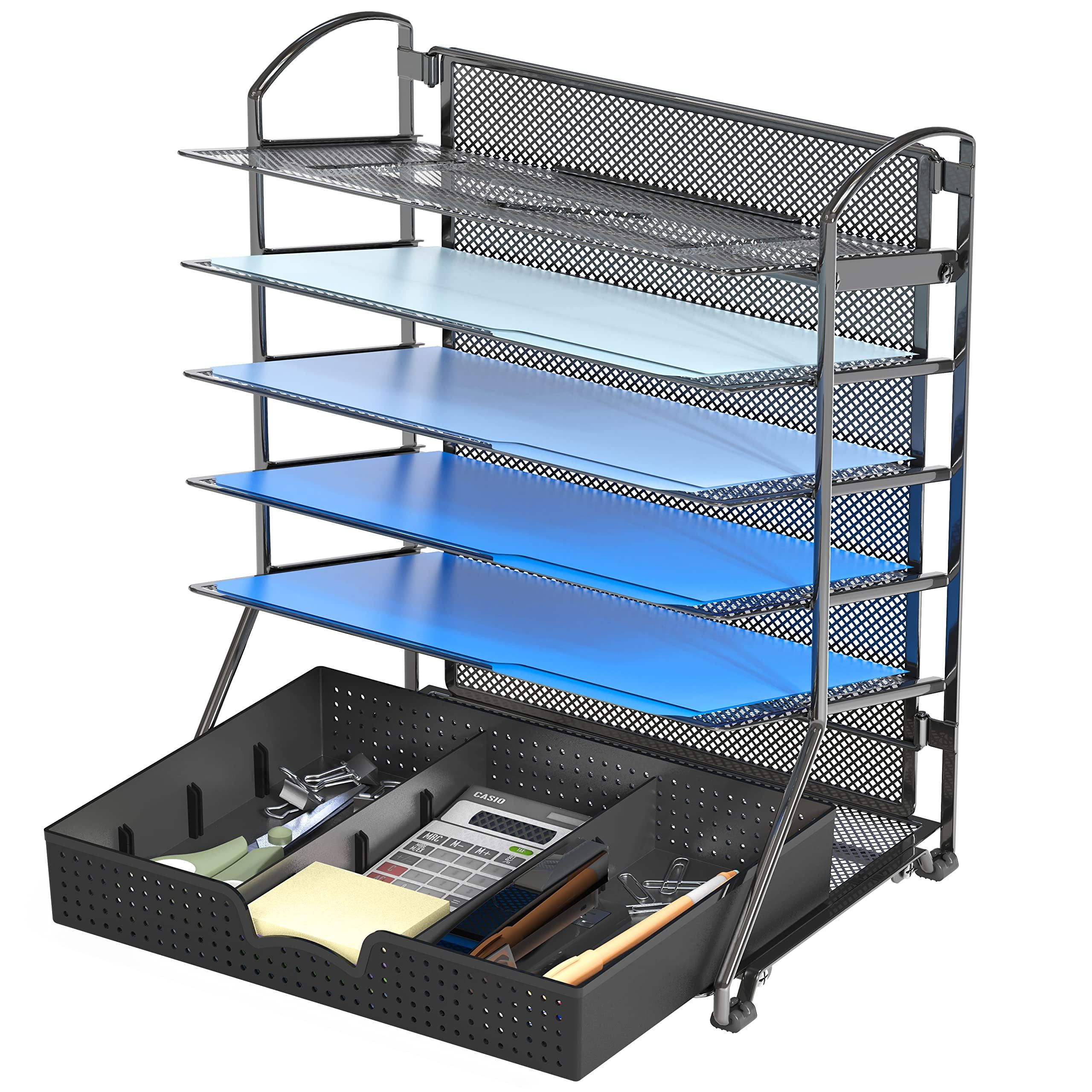 Black 6-Tier Mesh Desk Organizer with Sliding Drawer